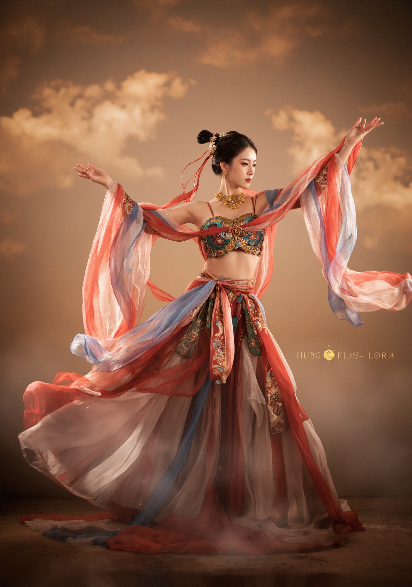 Dunhuang/(hubg style)/,  Photograph of an woman with fair skin and dark hair performs a traditional dance,  wearing an orn...