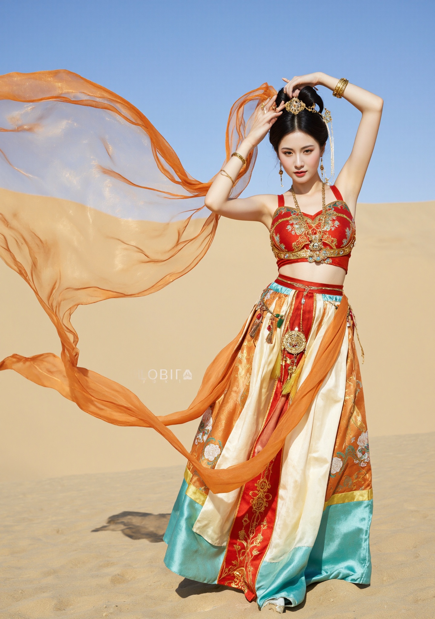 Dunhuang/(hubg style)/,  Photograph of an woman with pale skin and black hair,  styled in an elaborate updo with ornate ac...