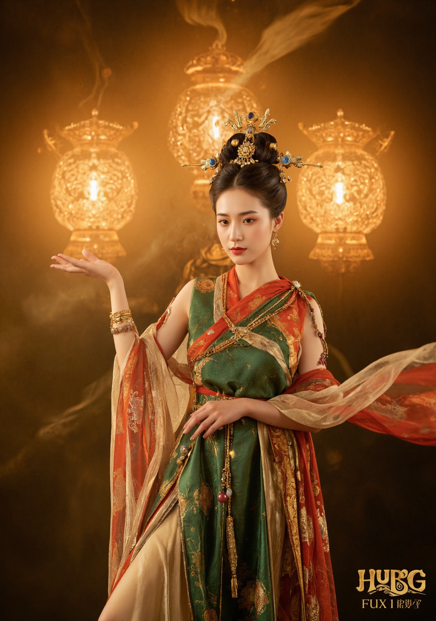 Dunhuang/(hubg style)/,  A stunning woman in traditional Chinese attire,  with an elaborate headdress and ornate jewelry o...
