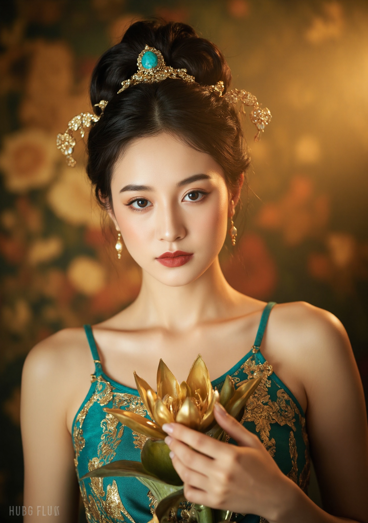 Dunhuang/(hubg style)/,  hotograph of a woman with fair skin and dark hair styled in an intricate updo,  adorned with orna...