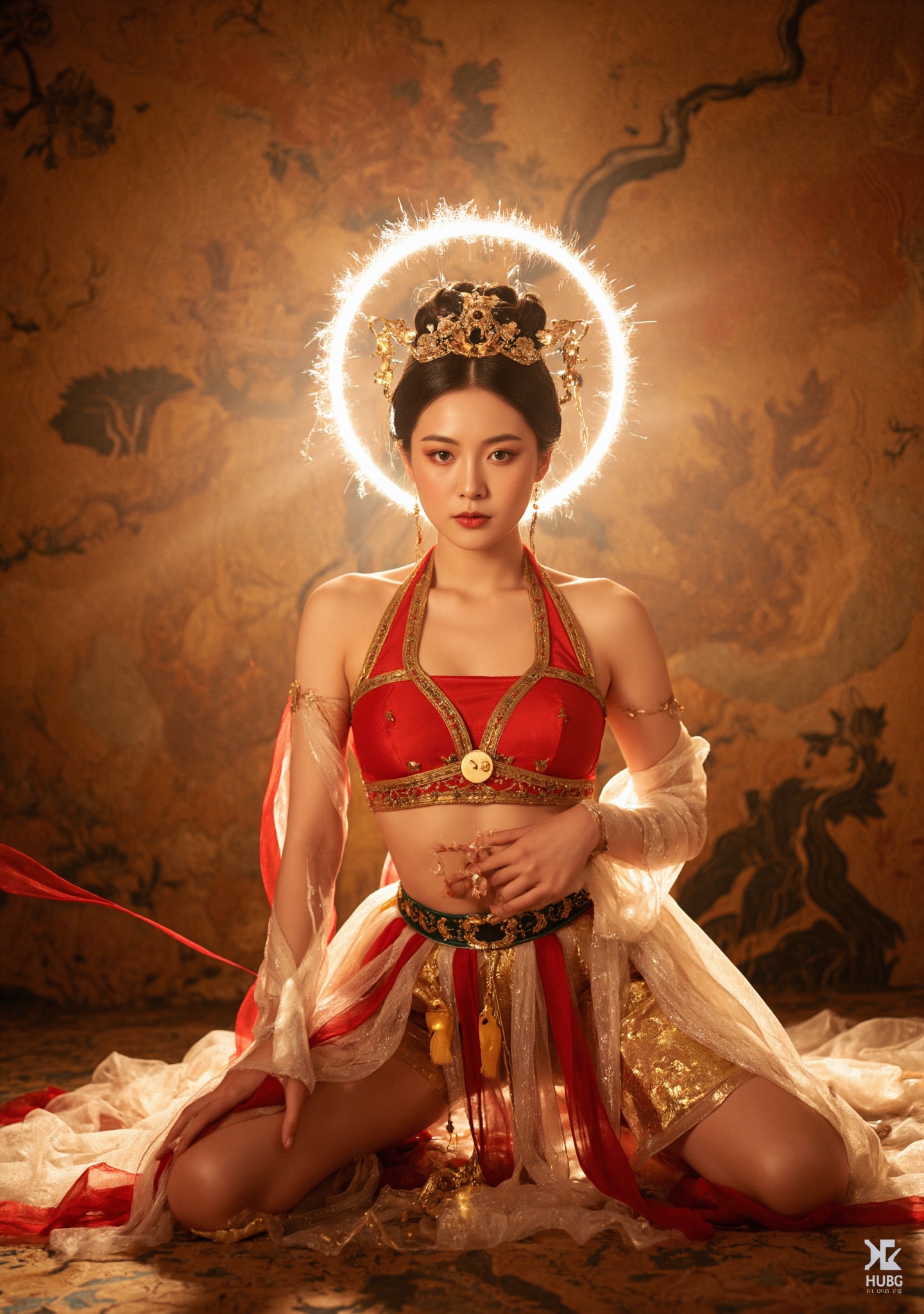 Dunhuang/(hubg style)/,  Photograph of an stunning woman in traditional Chinese attire kneels on the floor,  wearing a flo...
