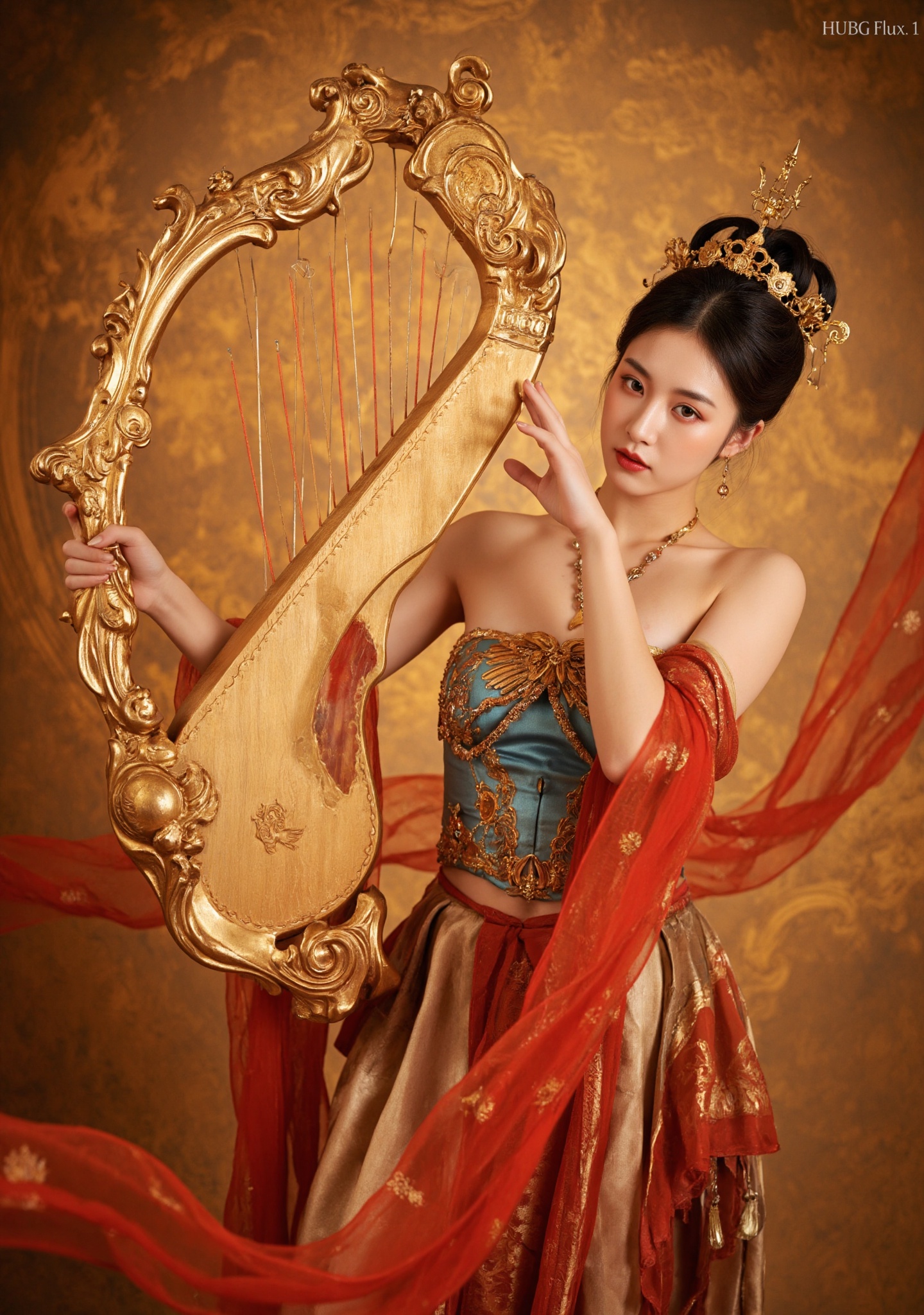 Dunhuang/(hubg style)/,  Photograph of an stunning woman with pale skin and delicate features,  dressed in a flowing on Te...
