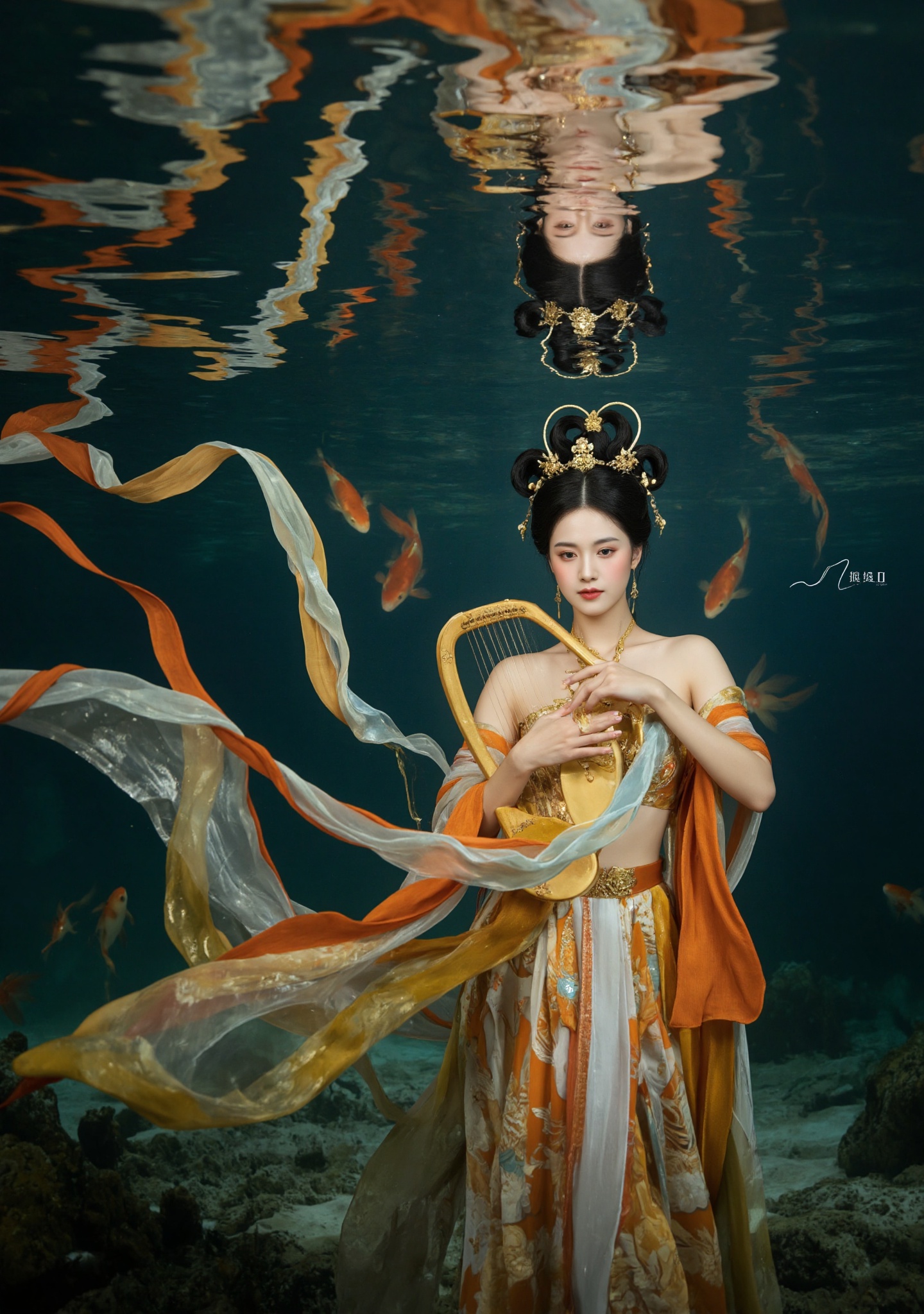 Dunhuang/(hubg style)/,  Photograph of an stunning woman with fair skin and dark hair styled in an intricate updo,  adorne...