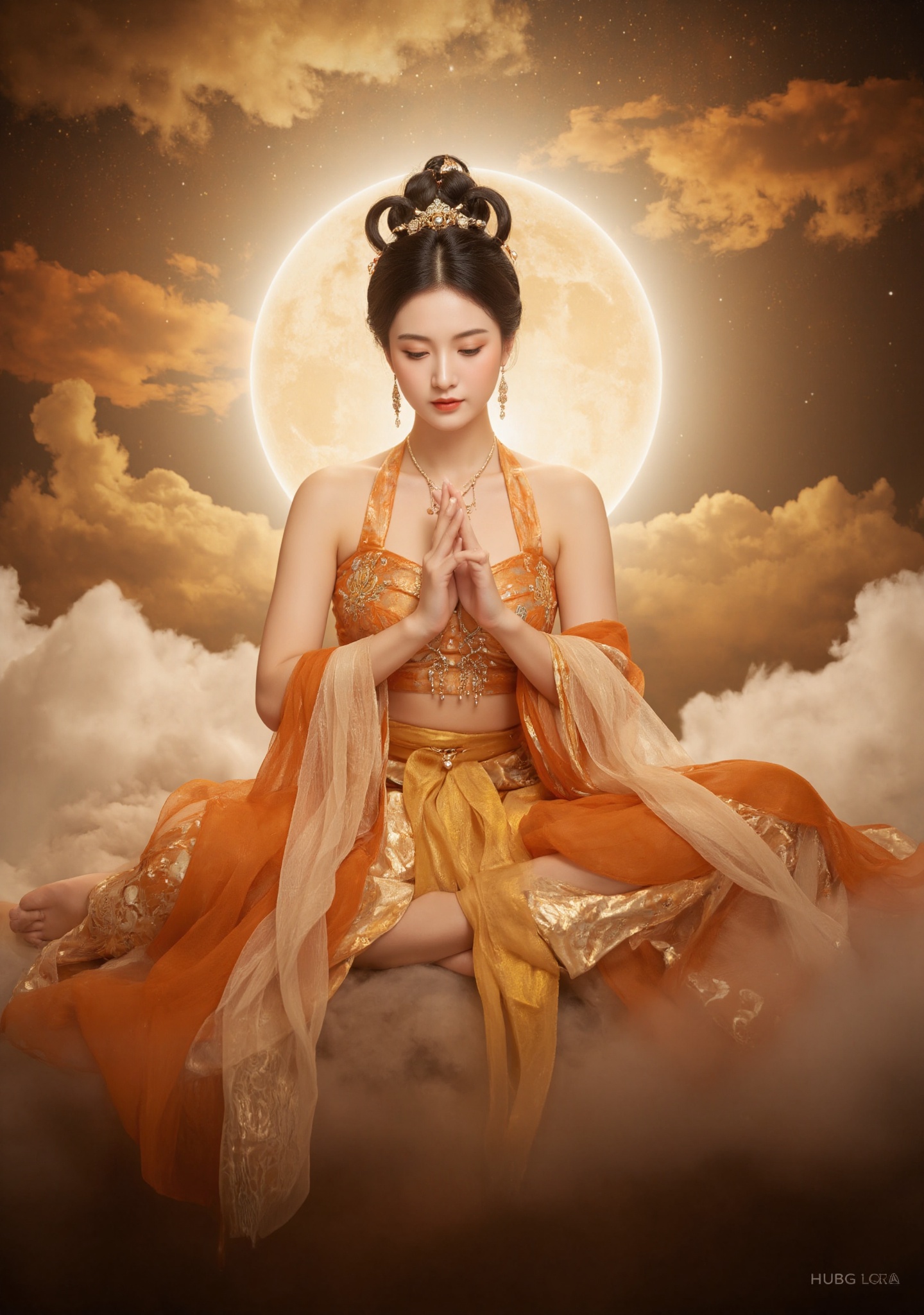 Dunhuang/(hubg style)/,  Photograph of an Asian woman with fair skin and black hair styled in an elegant updo. She's dress...