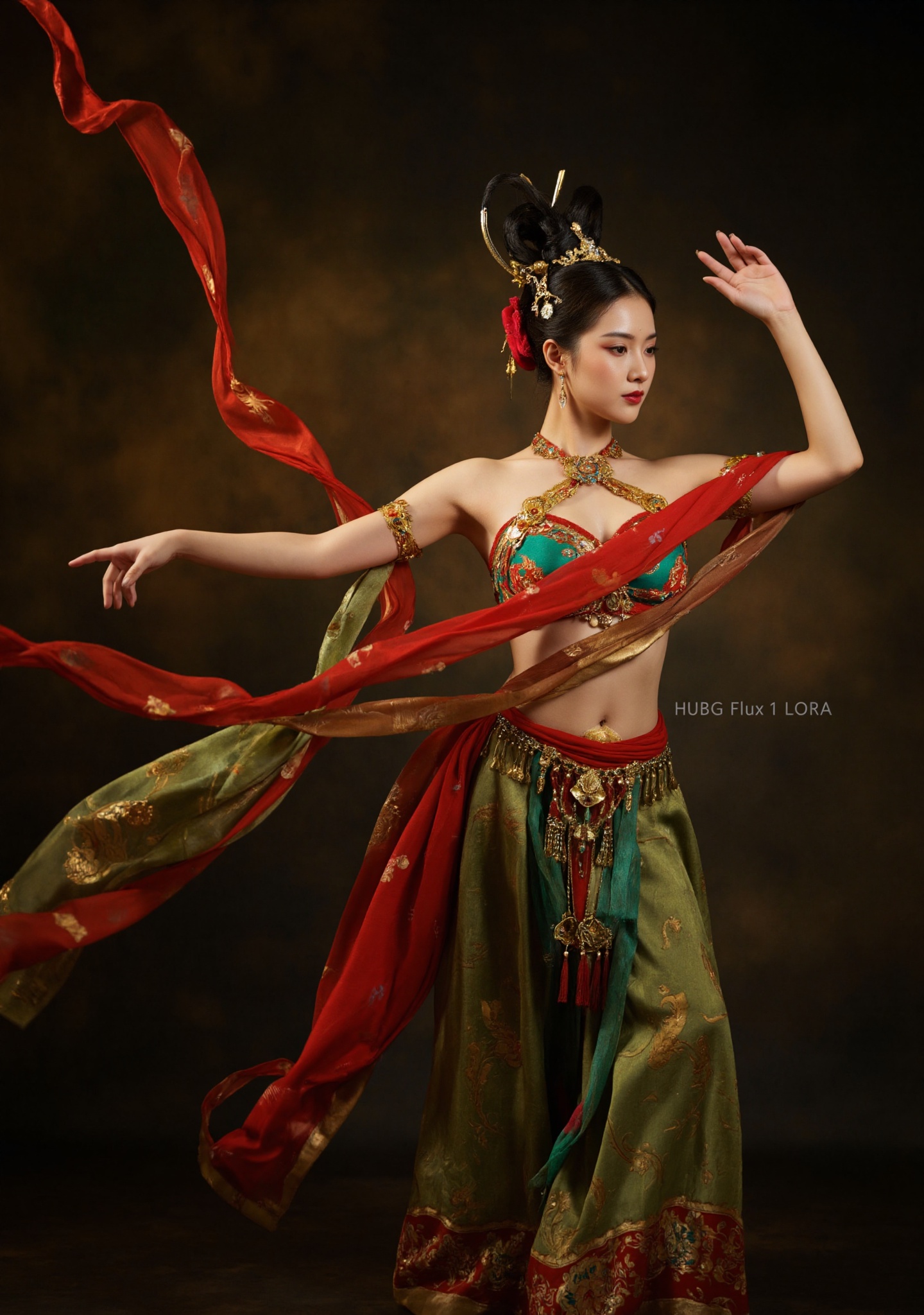 Dunhuang/(hubg style)/,  A photograph of a beautiful woman performing a traditional Chinese dance. She is wearing an elabo...