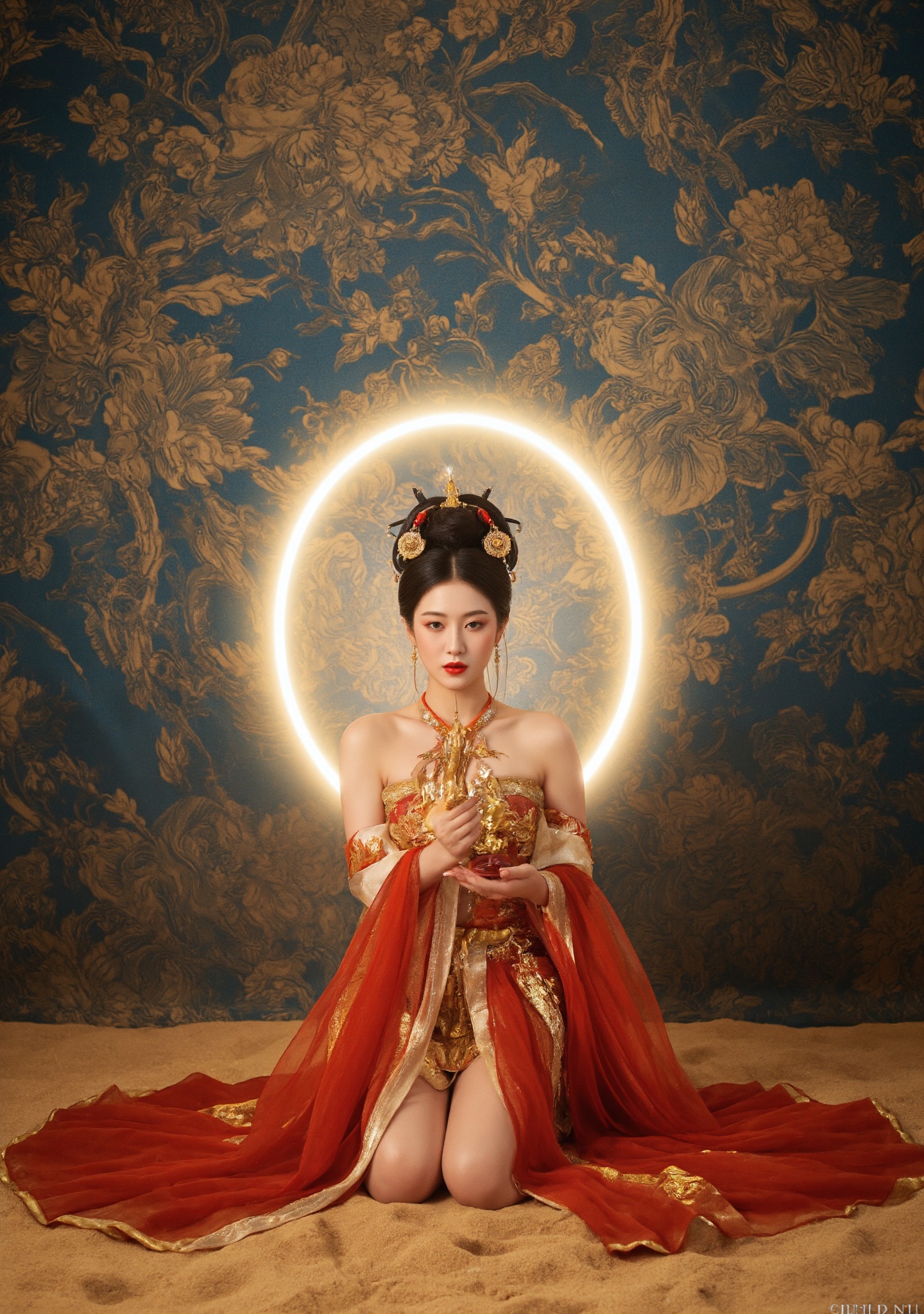 Dunhuang/(hubg style)/,  A woman with pale skin and delicate features,  dressed in an elaborate on Tensor.Art