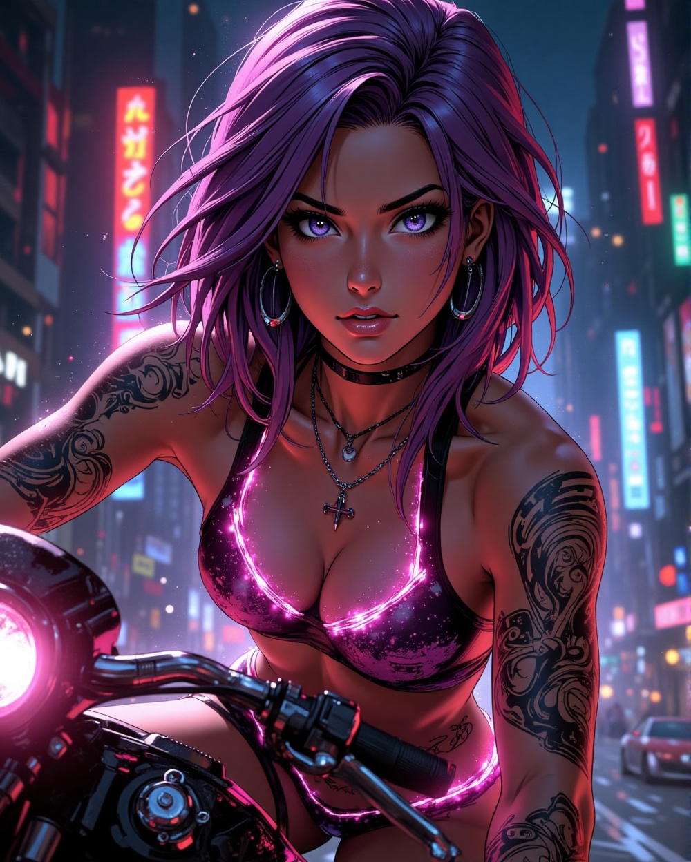A purple-haired cyberpunk girl on a flying bike zooms through a neon-lit city night. Her glowing bikini shines against the...