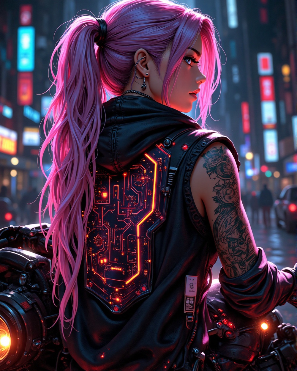 Neon strands cascade down a girl's back as she poses on a Cybertruck. Her jacket shimmers with glowing circuits,  matching...