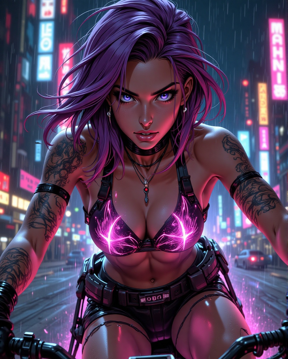 A purple-haired cyberpunk girl on a flying bike zooms through a neon-lit city night. Her glowing bikini shines against the...