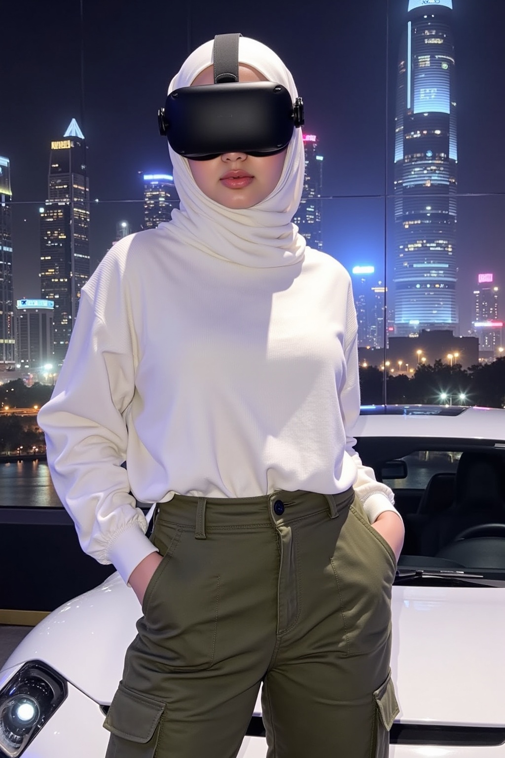 Photograph of a young woman standing confidently in a virtual reality setup. She wears a white hijab,  matching long-sleev...