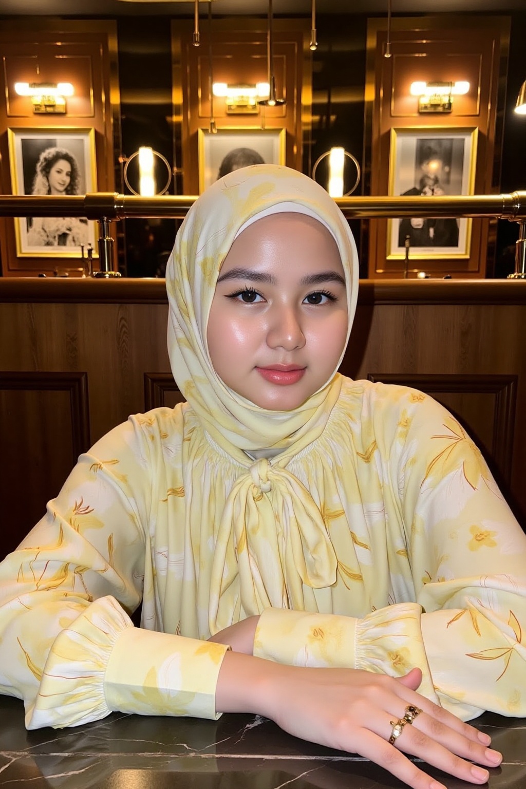 Photograph of a young woman sitting at a bar,  wearing a light yellow,  long-sleeved blouse with a floral pattern and a ma...