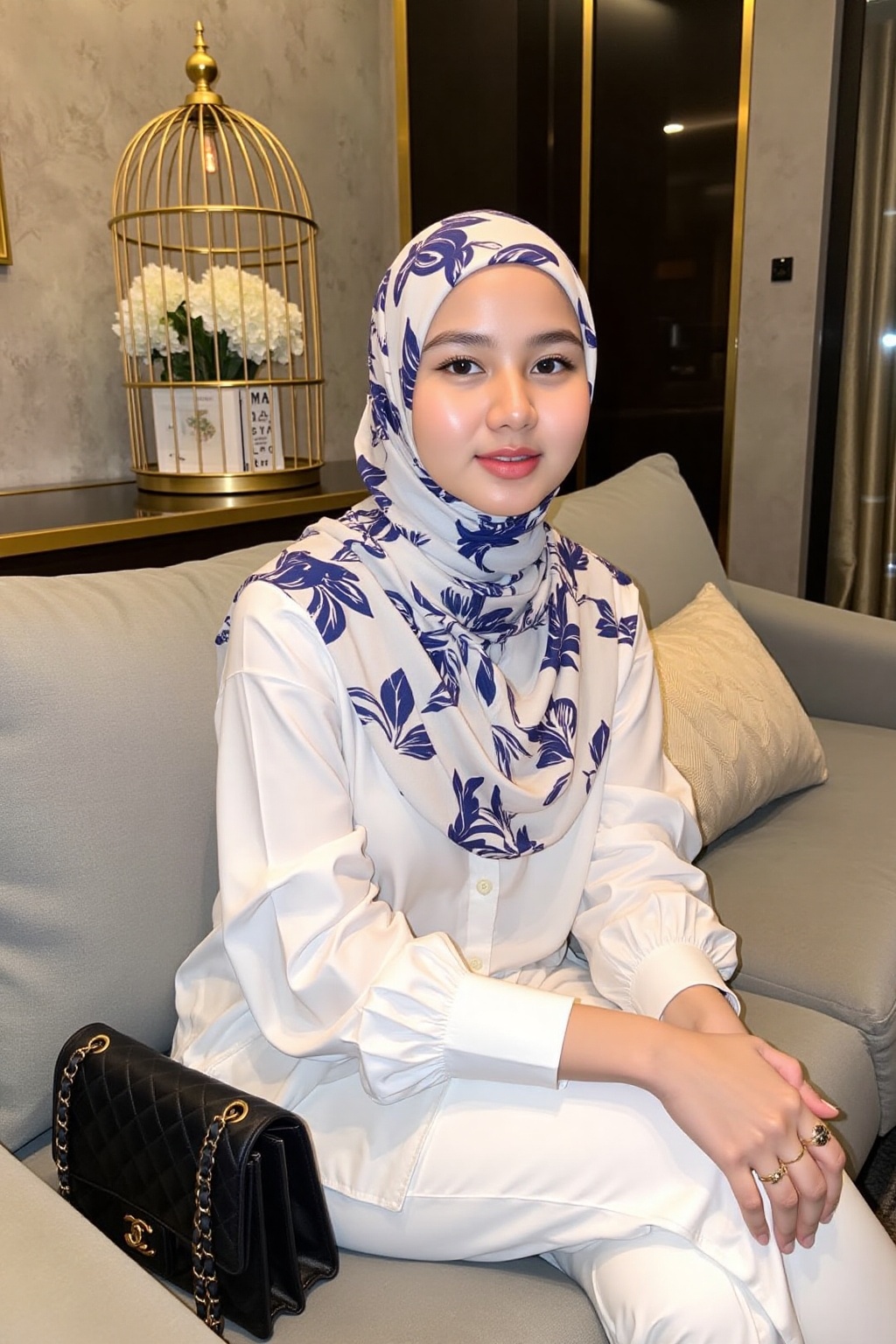 Photograph of a young woman with light brown skin and straight black hair,  wearing a white hijab with a blue floral patte...