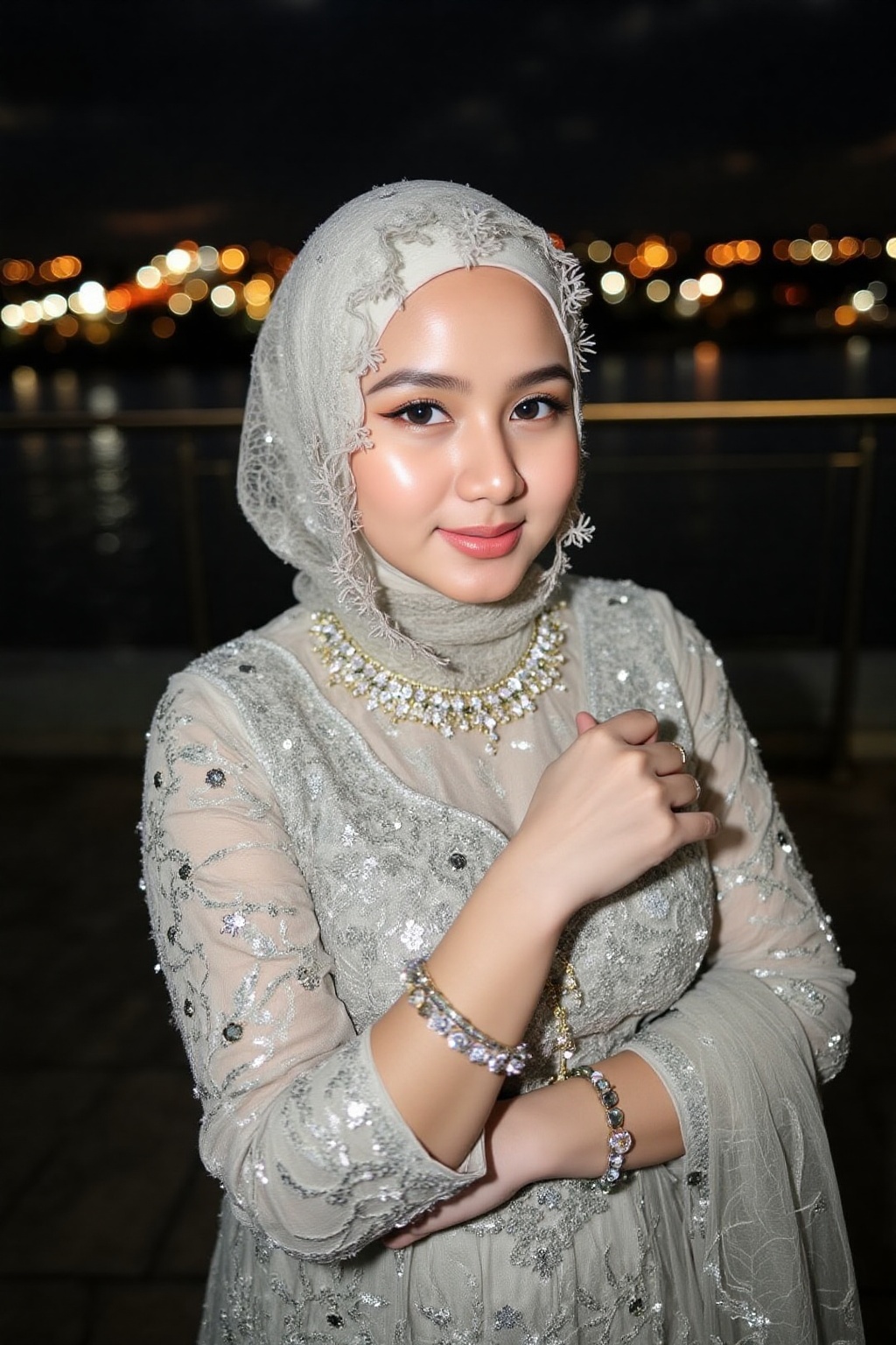 A young woman in a lace hijab and an intricately embroidered,  silver-gray traditional outfit stands on a balcony at night...