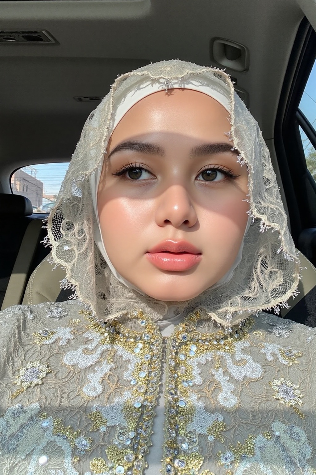 Photograph of a young woman with light olive skin,  wearing a sheer,  lace hijab and an intricately designed on Tensor.Art