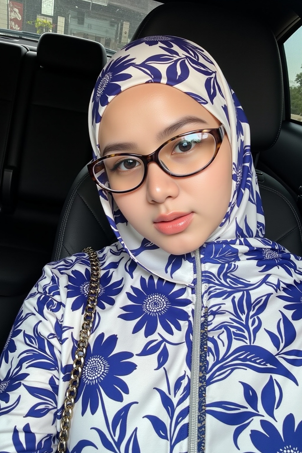 Photograph of a young woman with light skin,  wearing a blue and white floral hijab and matching outfit,  sitting in a car...