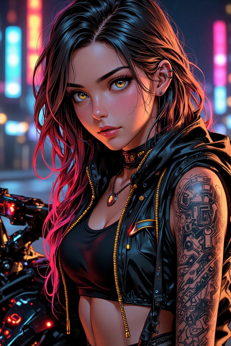 Neon strands cascade down a girl's back as she poses on a Cybertruck. Her jacket shimmers with glowing circuits,  matching...