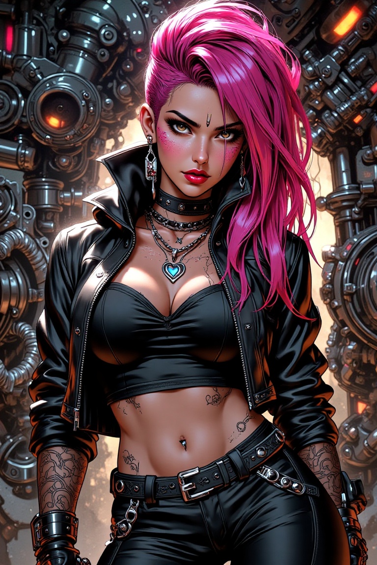 A curvaceous figure with bold facial markings poses confidently. Her vibrant hairstyle matches her jacket's colors,  while...