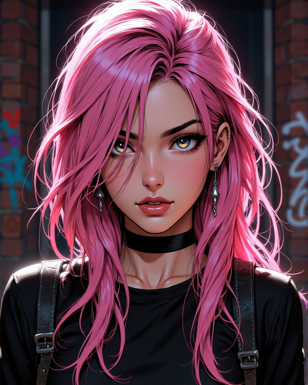 Long pink hair with highlights cascades over one eye of a beautiful girl in an urban night scene. She stands against a bri...