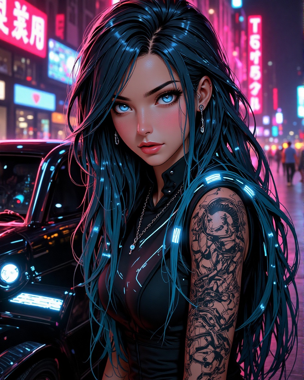 A futuristic girl with long neon hair poses on a sleek Tesla Cybertruck. Her realistic eyes glow electric blue,  matching...