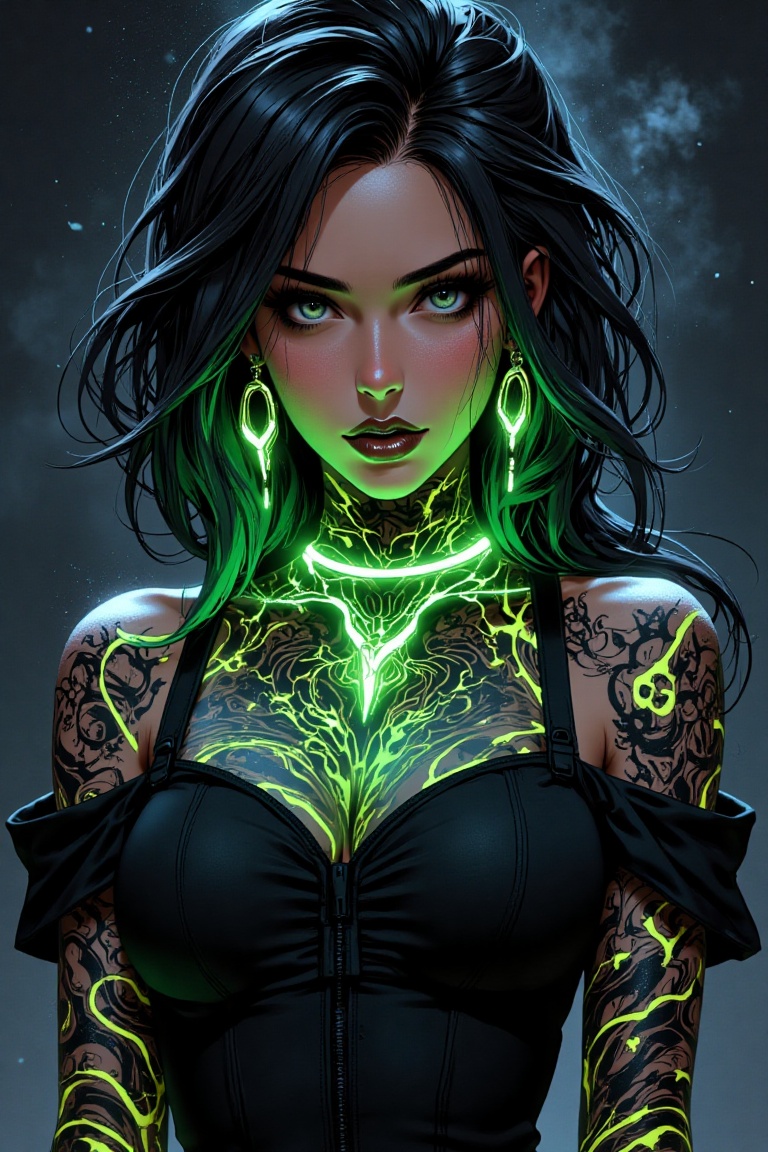 Ultra-realistic detail captures the intricate tattoo artistry on a confident cyberpunk woman. Neon green light from her of...