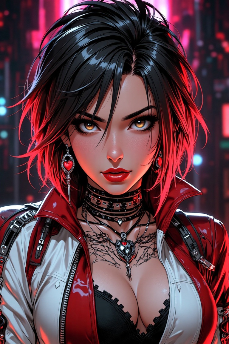 A woman ((((sexy big breasted beautiful with small tattoos on her face))),  Spiky black and red hair,  wears a red and whi...