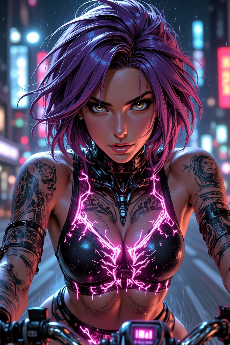 A purple-haired cyberpunk girl on a flying bike zooms through a neon-lit city night. Her glowing bikini shines against the...