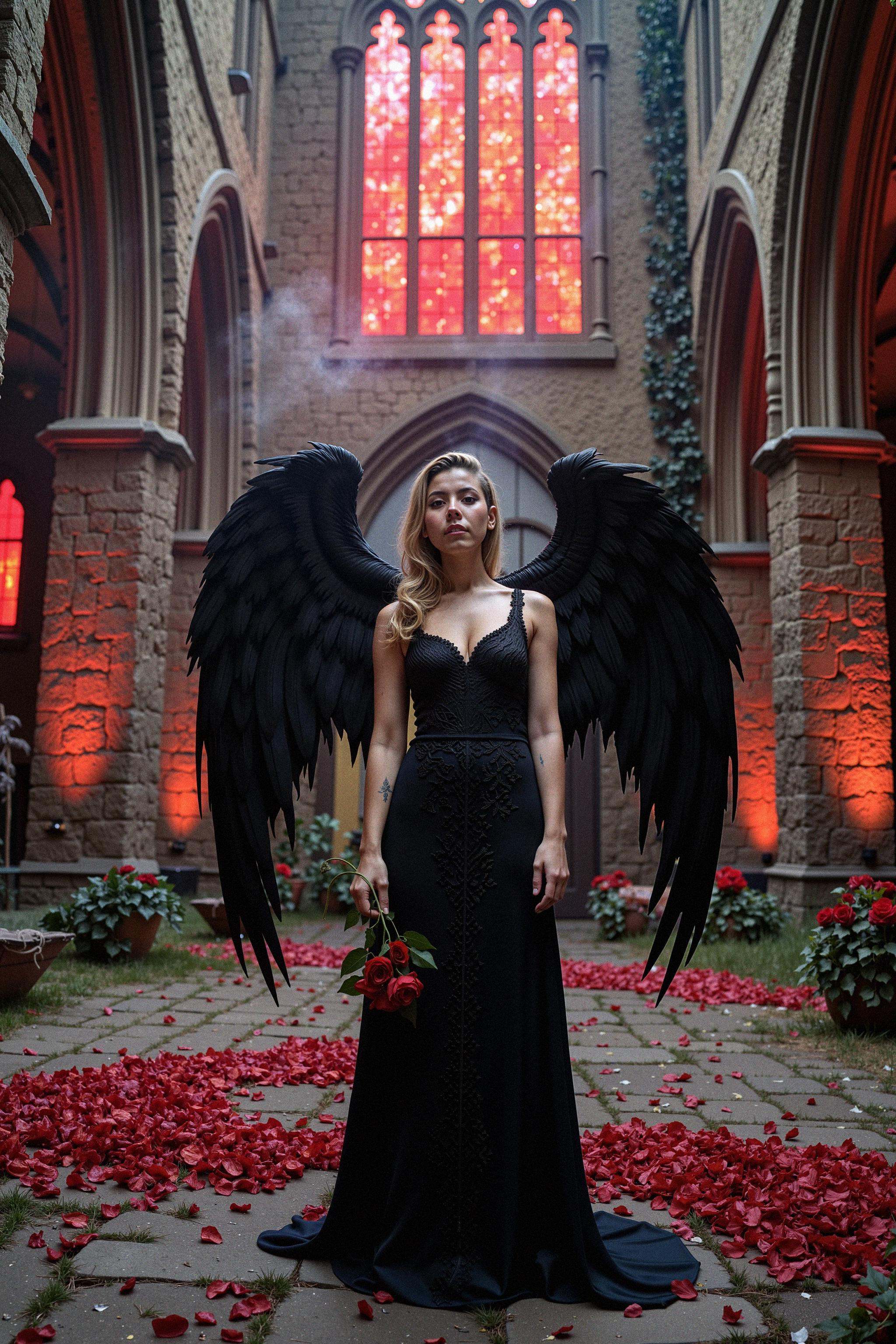 A woman with dark,  majestic wings stands in an ancient stone courtyard surrounded by towering gothic arches,  with window...