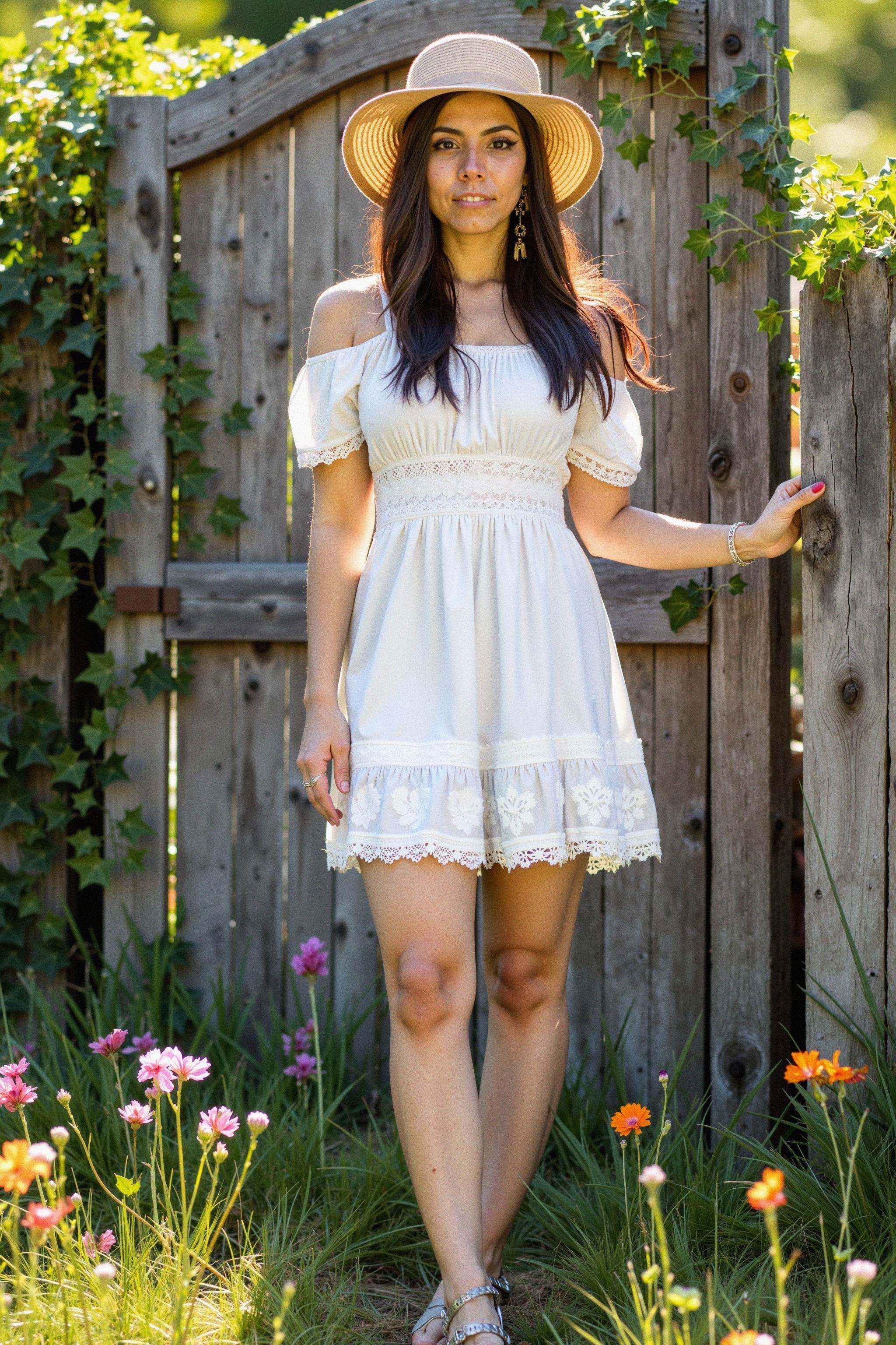 A full body shot of a woman standing near a rustic garden gate,  wearing an off-the-shoulder short white dress with delica...