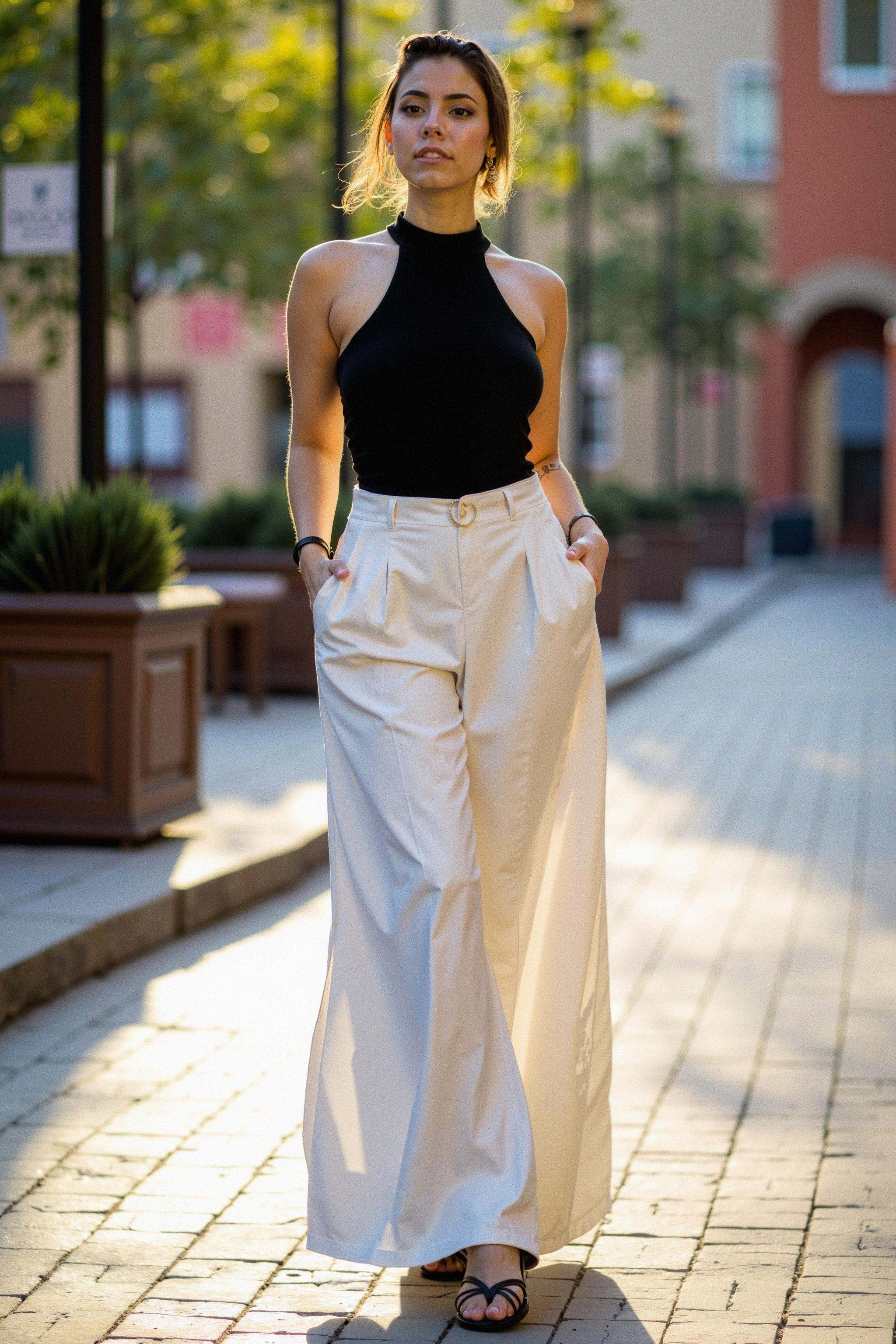 A full-body shot of a woman posing confidently in a sleek,  fitted black halter-style bodysuit paired with high-waisted wi...