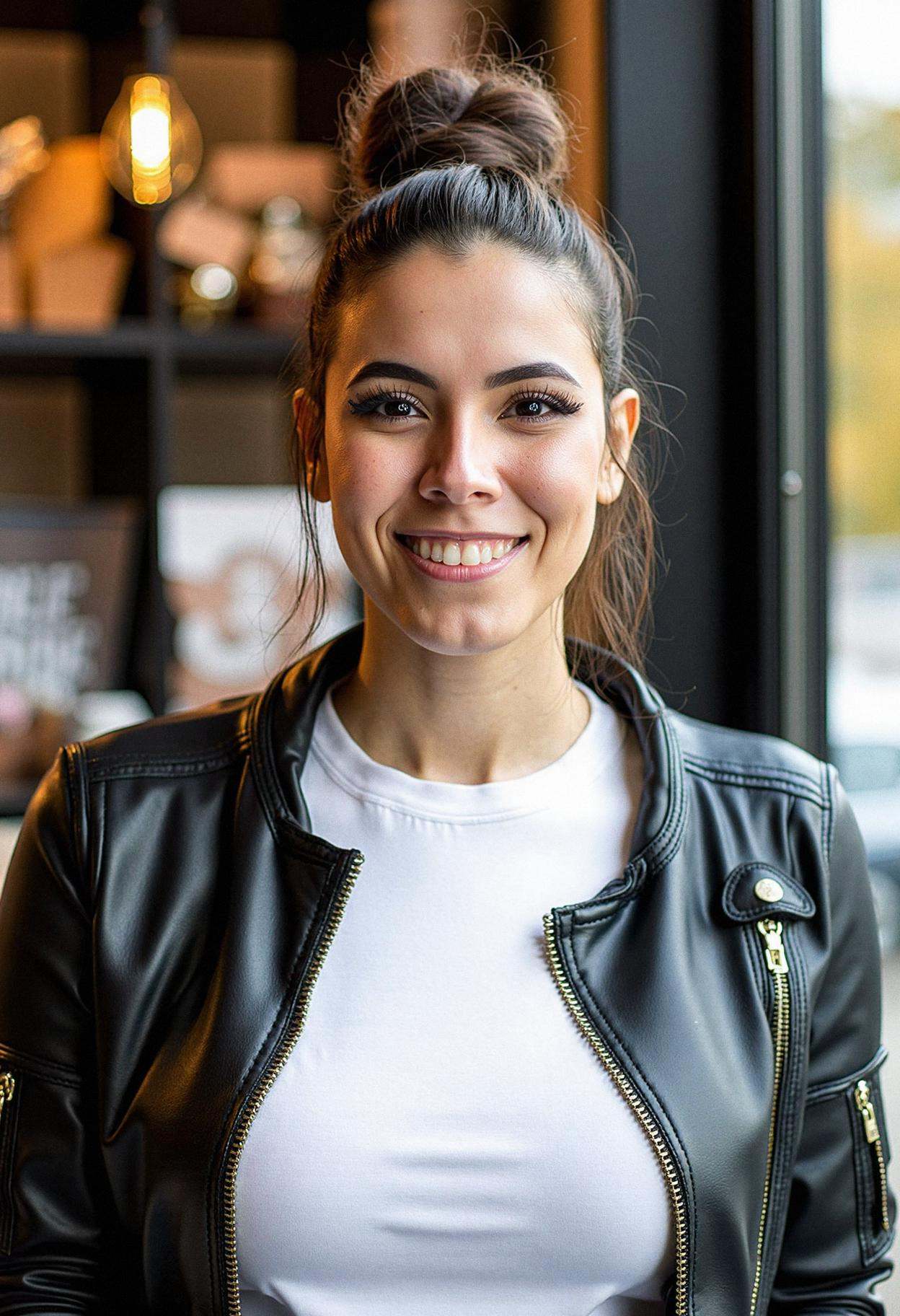A professional headshot of a woman with a high ponytail,  wearing false lashes,  dewy foundation on Tensor.Art
