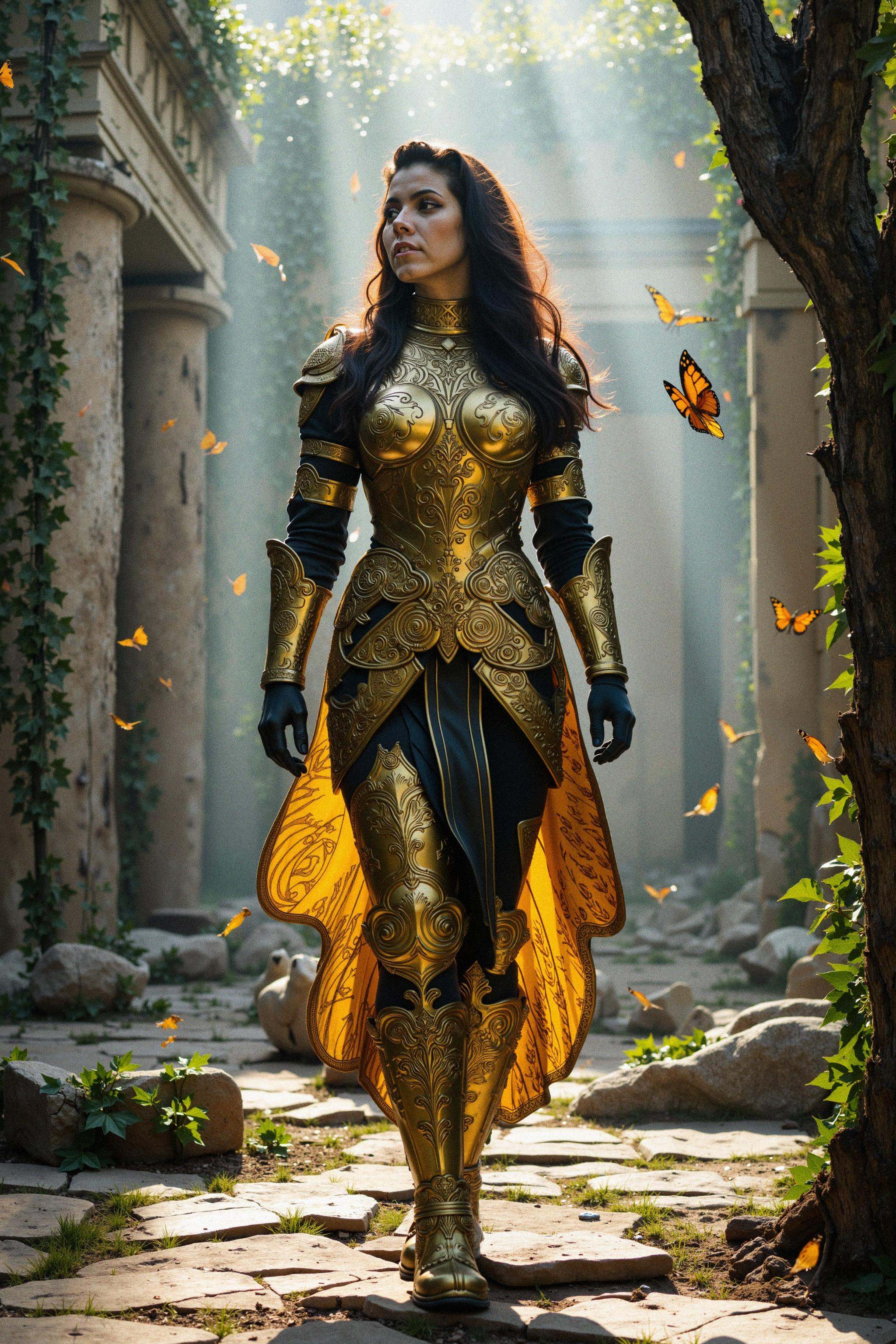 A full body shot of a woman warrior in ornate golden armor with intricate scrollwork and black leather accents. Her dark b...