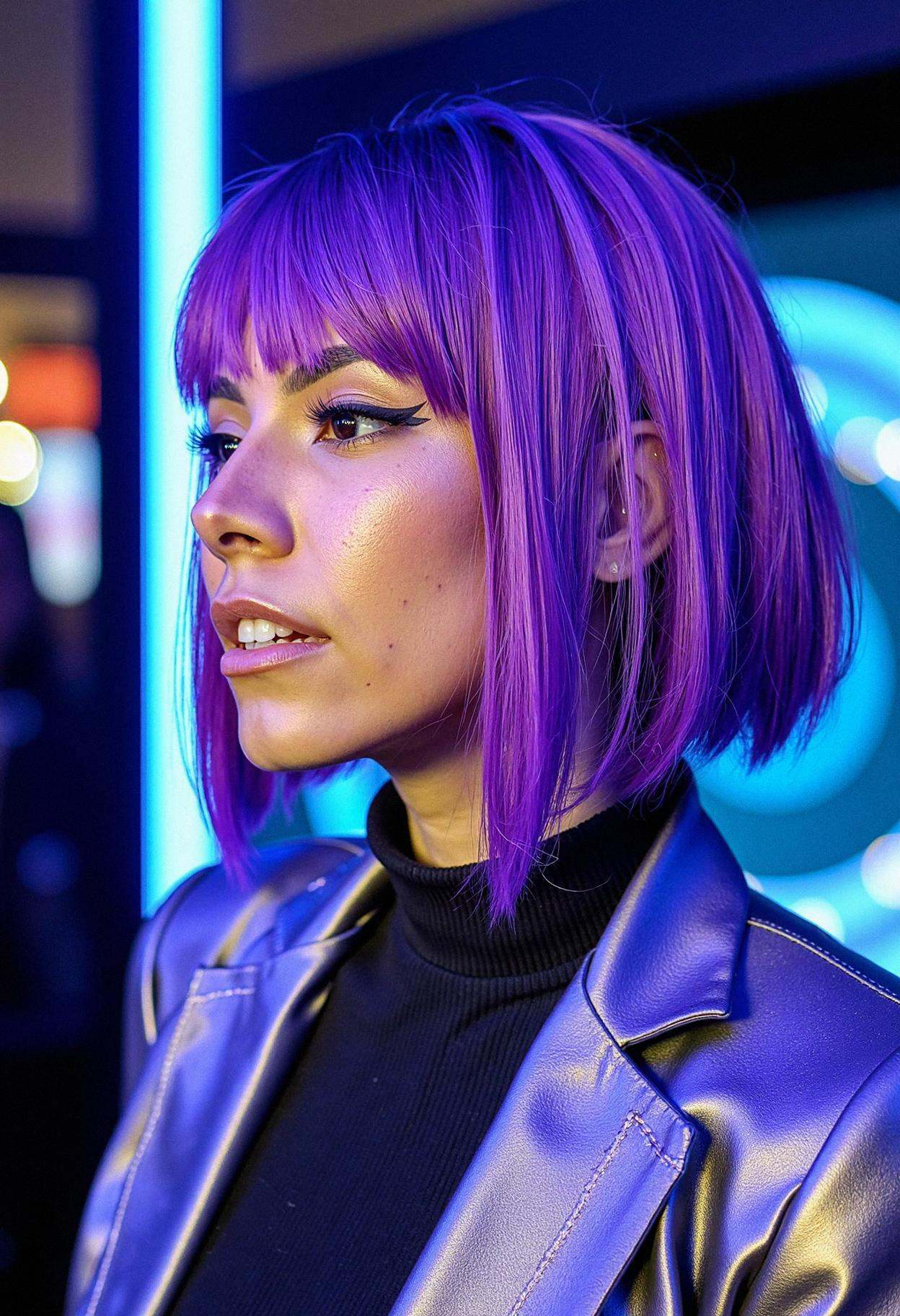 A woman at a tech startup launch event,  projecting futuristic style. Her asymmetrical bob is dyed in a striking electric...