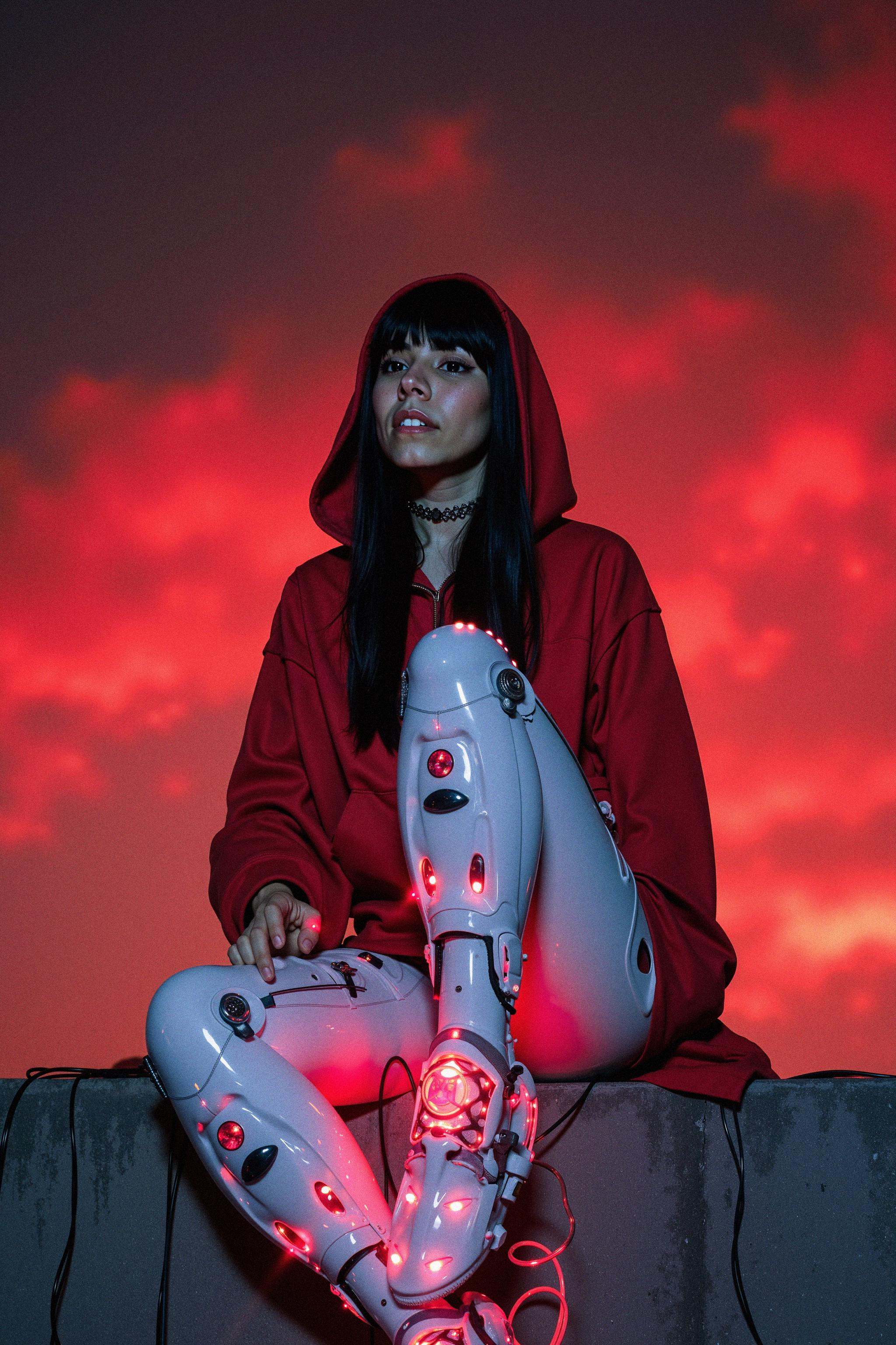A woman cyborg sitting on a ledge against a dramatic red and black clouded sky. She wears a red cropped hoodie and has lon...