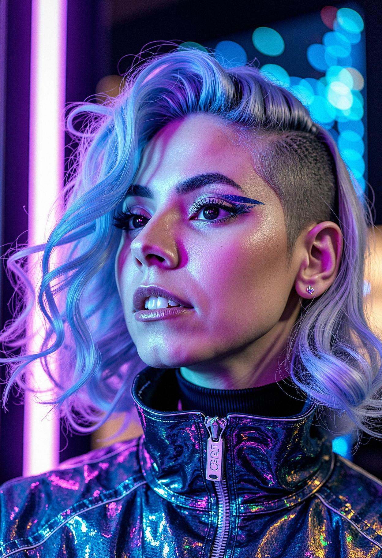 A woman at a cyberpunk tech fair,  embodying futuristic flair. Her hair is shaved on one side and styled into voluminous c...