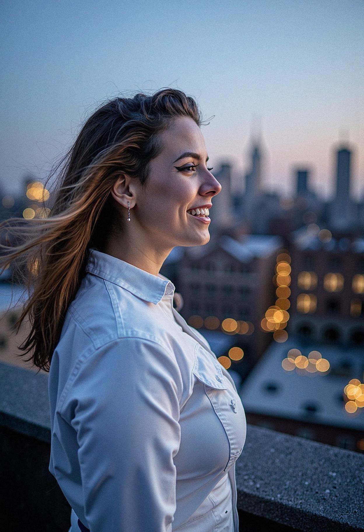 A woman in profile,  facing left,  smiling broadly as she stands on a city rooftop. The cityscape behind her is a blur of...