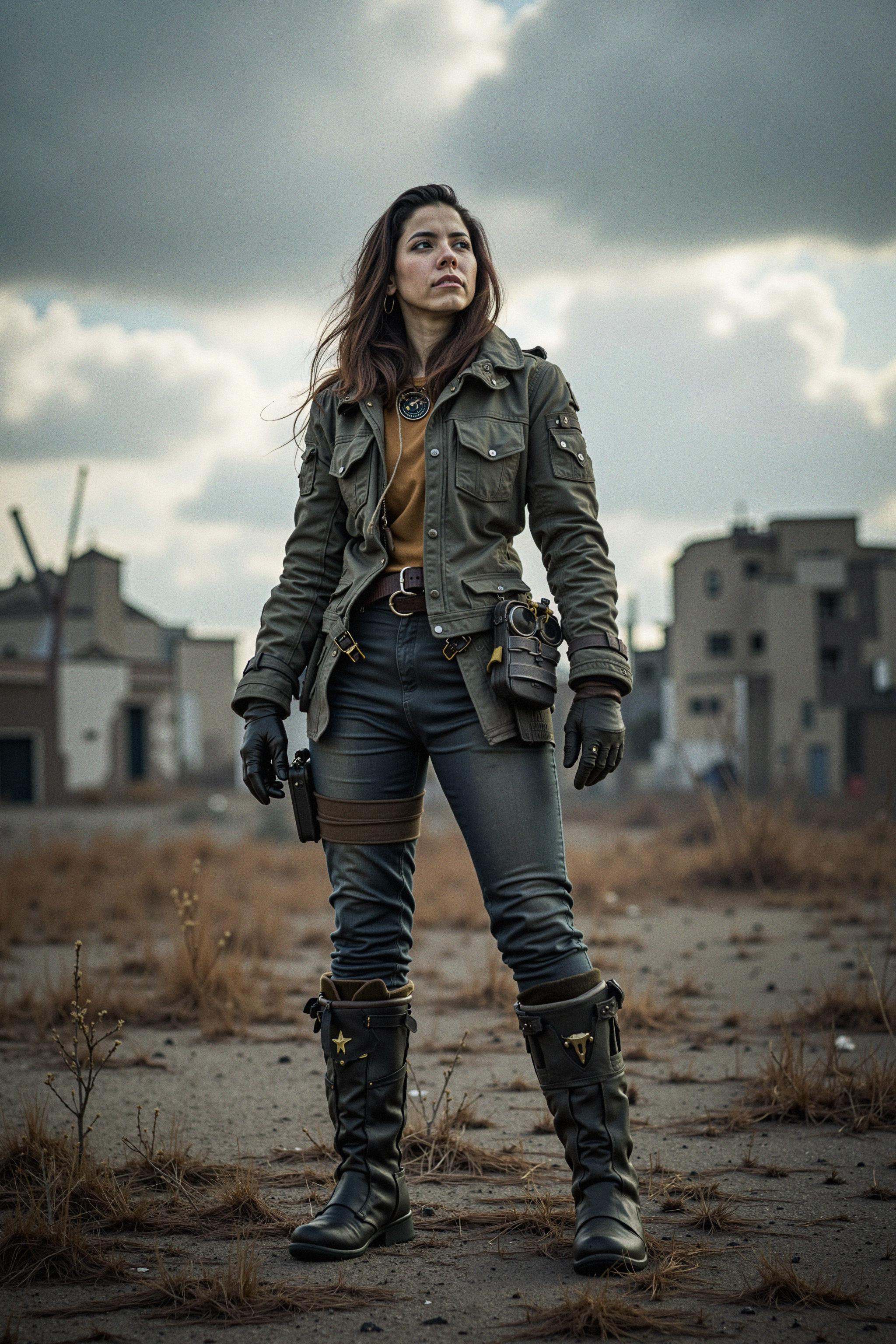 A woman stands resiliently in a desolate post-apocalyptic wasteland,  embodying survival and strength. She wears rugged,...