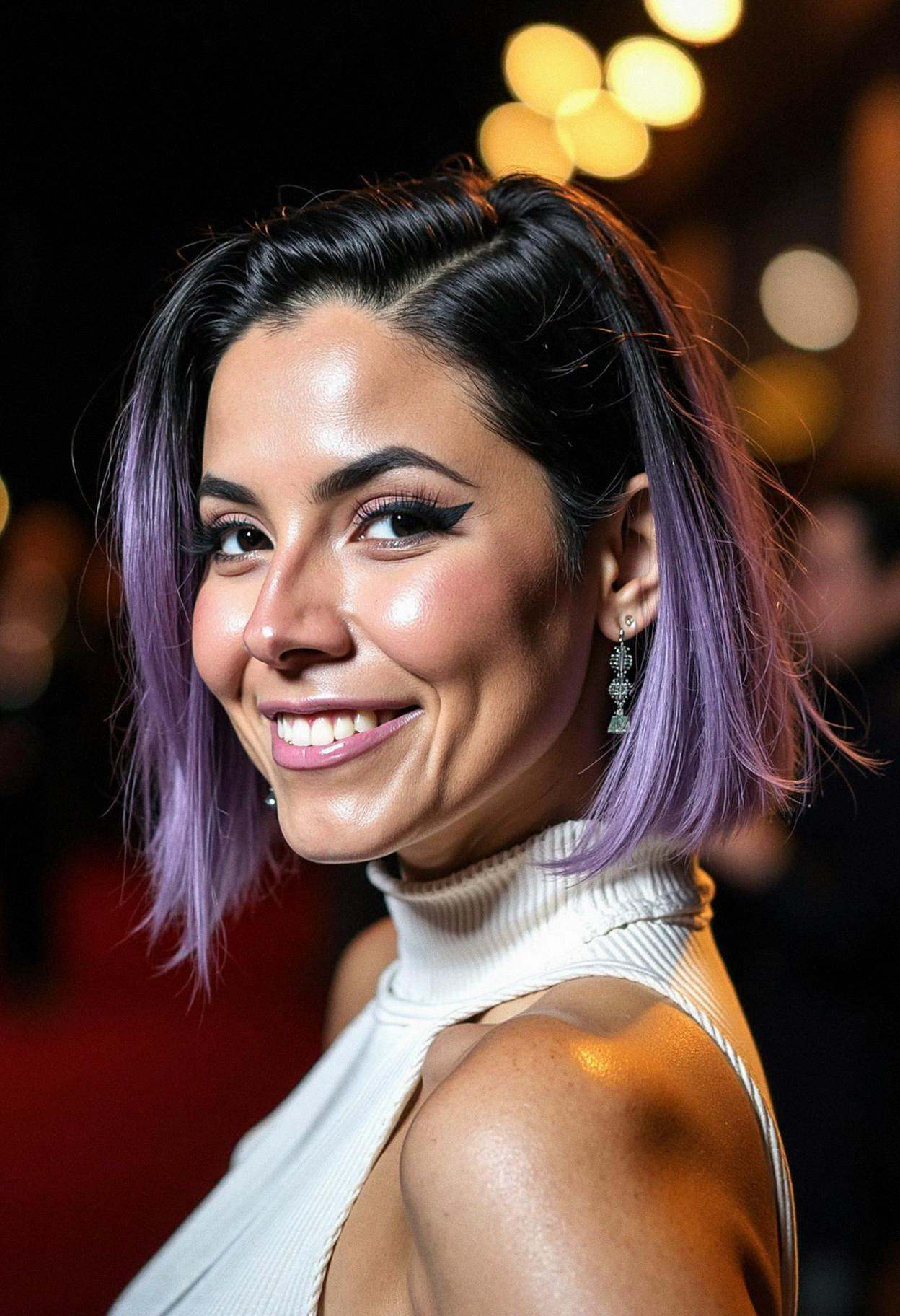 A woman at an indie film screening,  radiating understated elegance. Her hair is styled in a sleek,  medium-length bob wit...