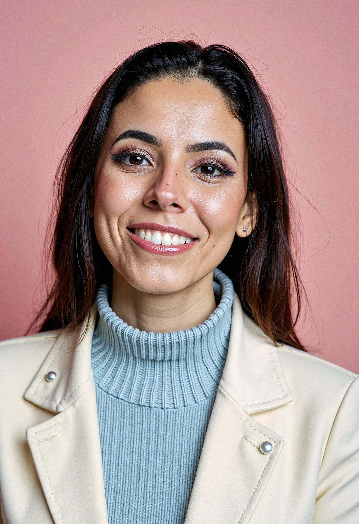 A professional head shot photograph of a woman with a serene smile,  set against a solid soft muted blush pink background....