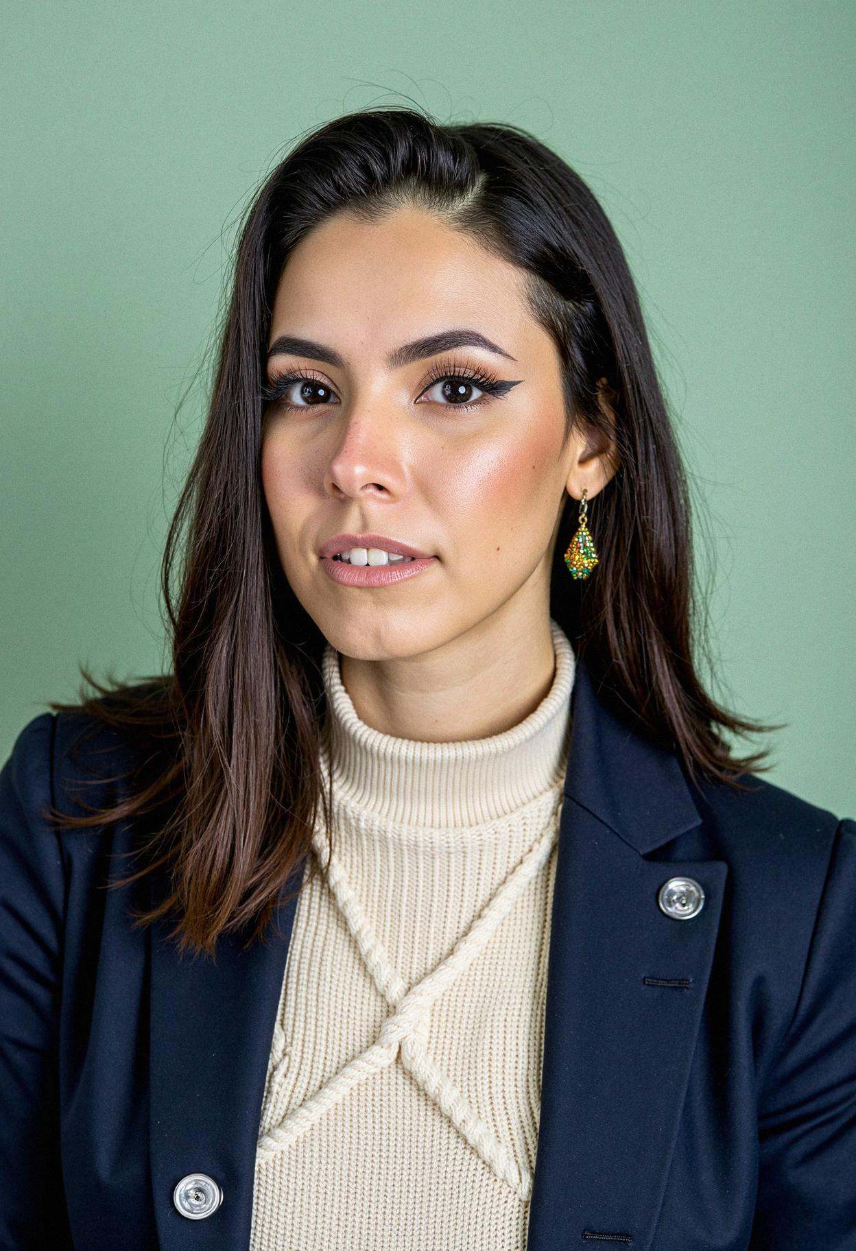 A professional head shot photograph of a woman with a confident expression,  positioned against a solid muted pastel pista...