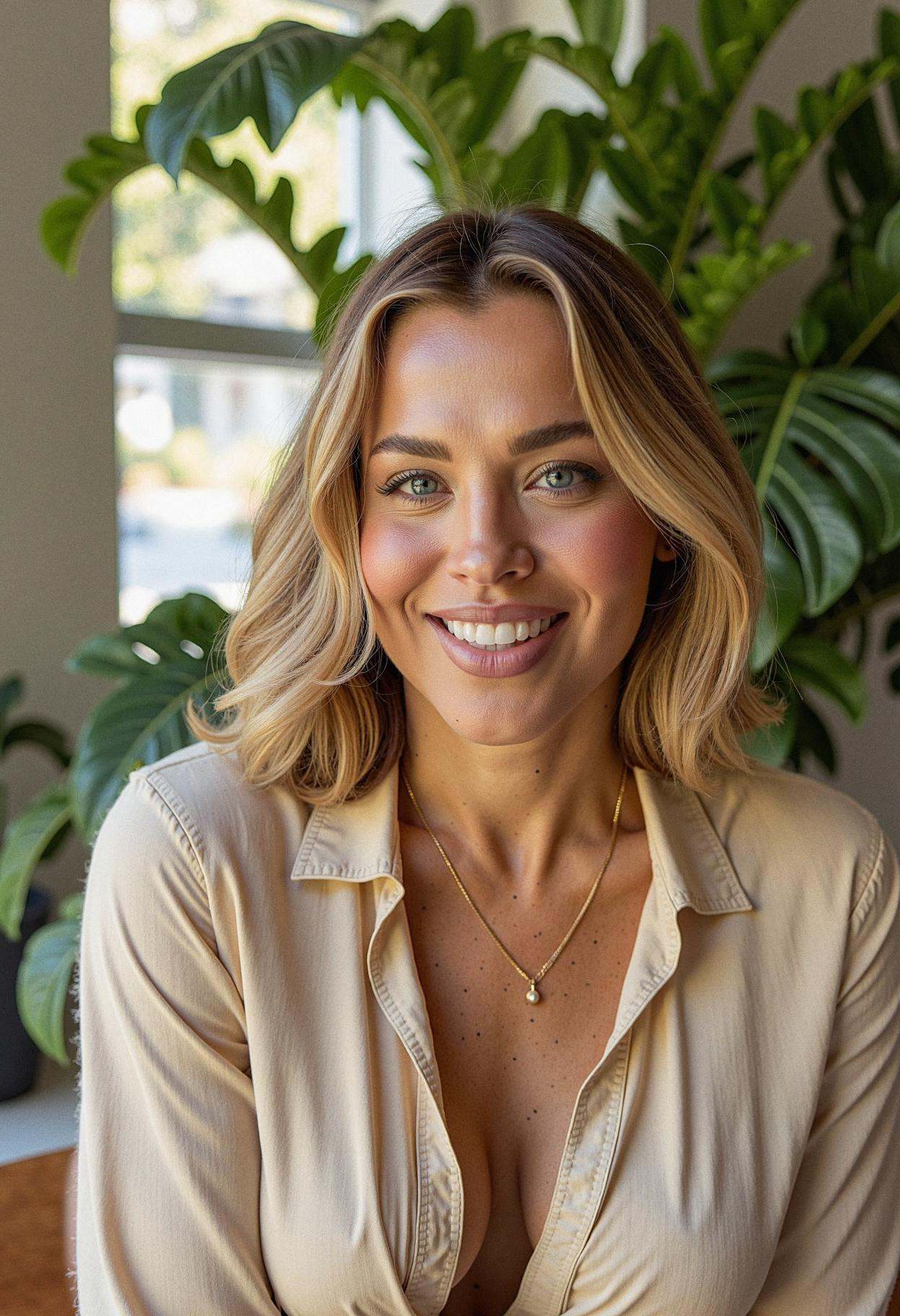 A woman in an eco-friendly,  plant-filled office space,  her eyes meeting the camera with warmth and authenticity. She's w...
