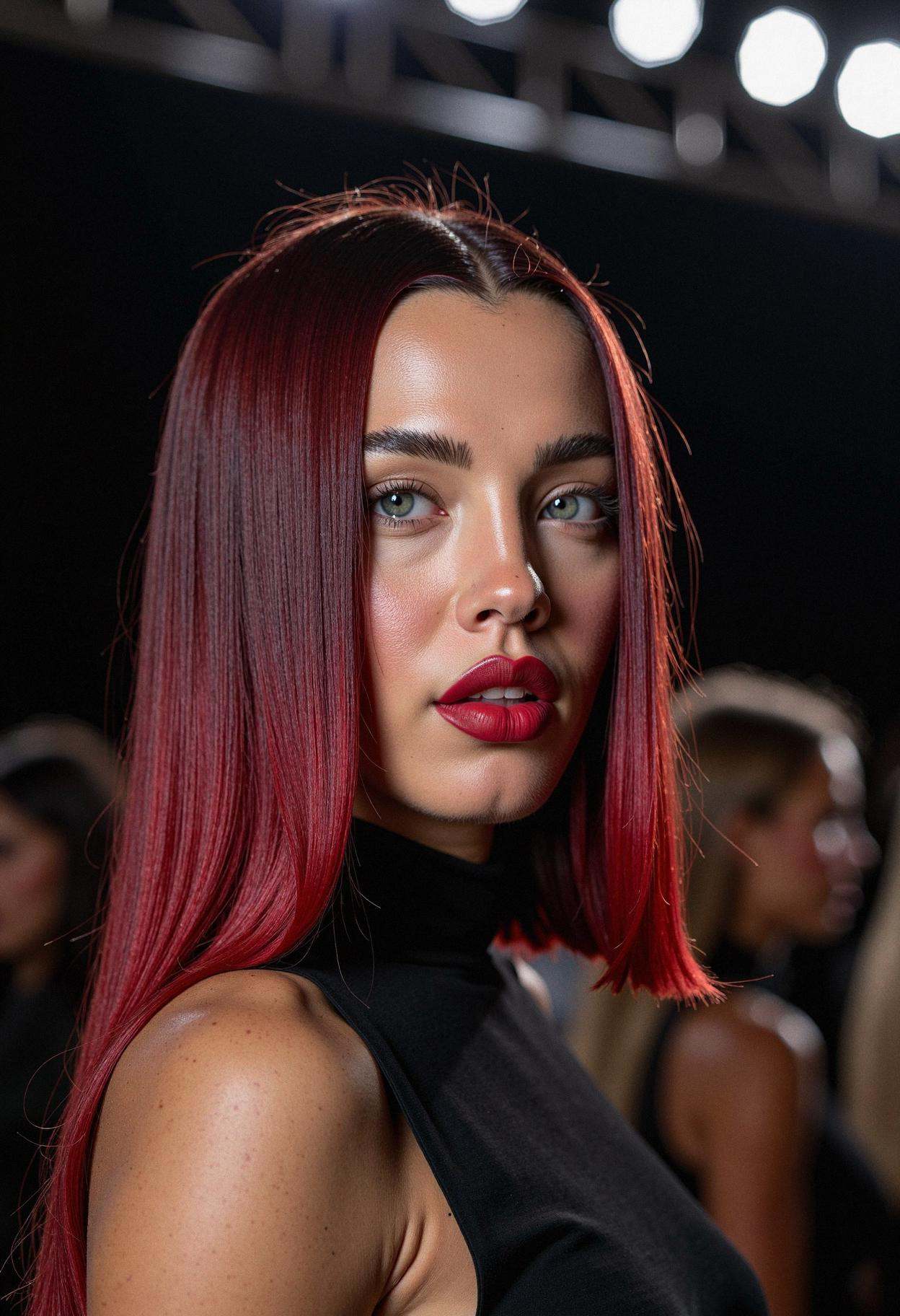 A woman at a high-fashion runway show,  embodying high-end chic. Her long,  straightened hair is fully dyed in a sophistic...