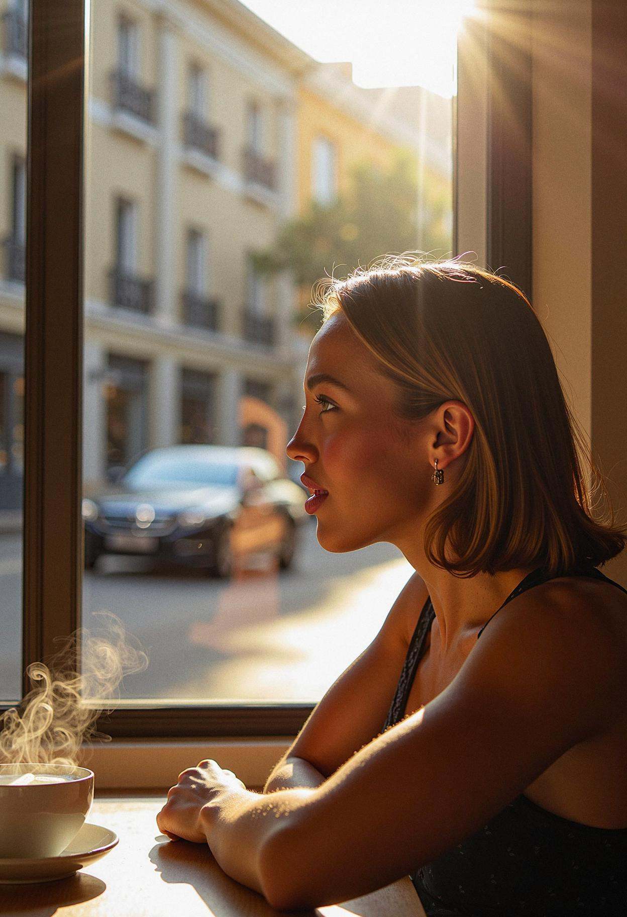 A woman in profile,  facing left,  sitting by a café window. Sunlight streams in on Tensor.Art