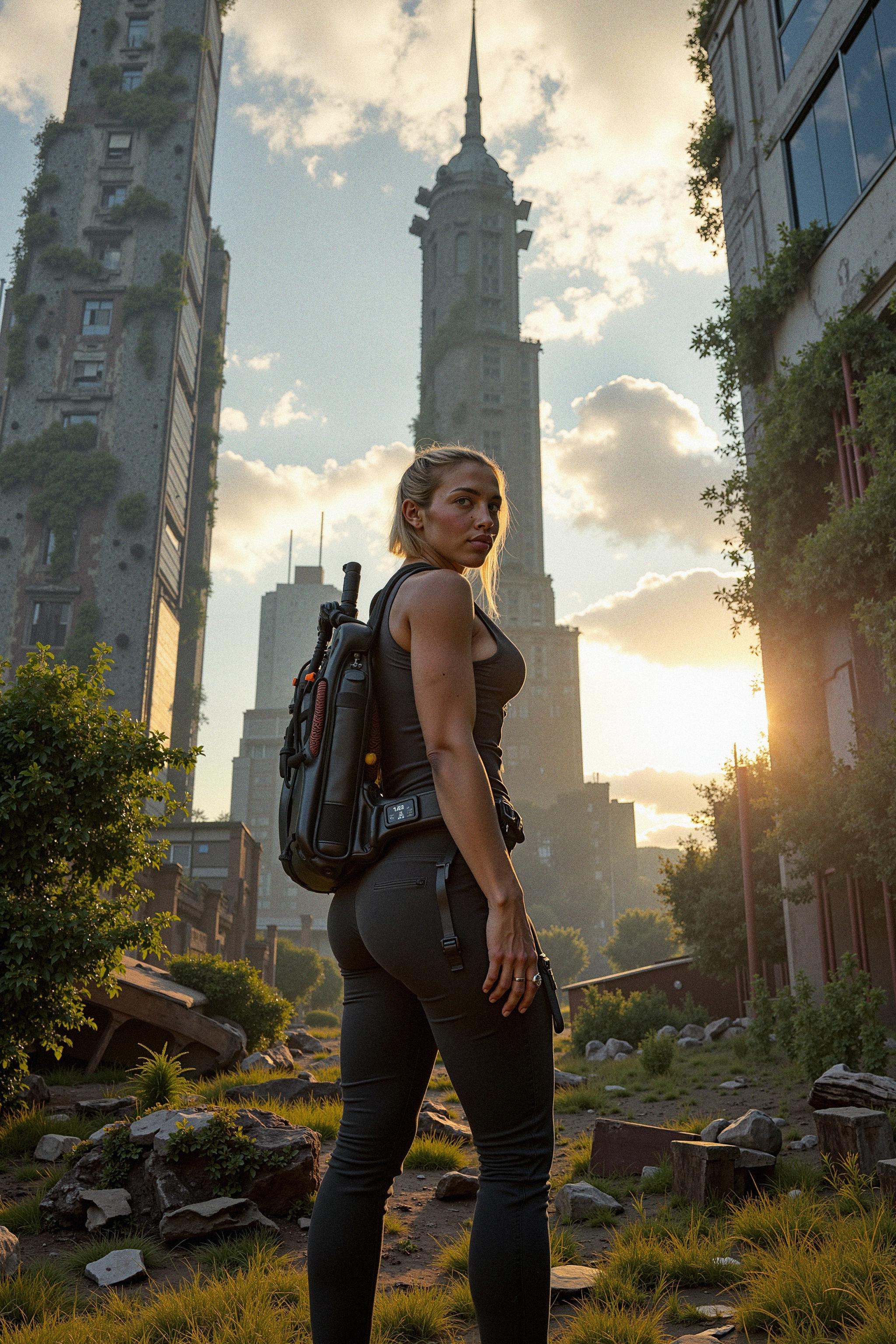 A full-body shot of an urban explorer in a neo-futuristic city,  standing in front of a crumbling monument from a pre-terr...