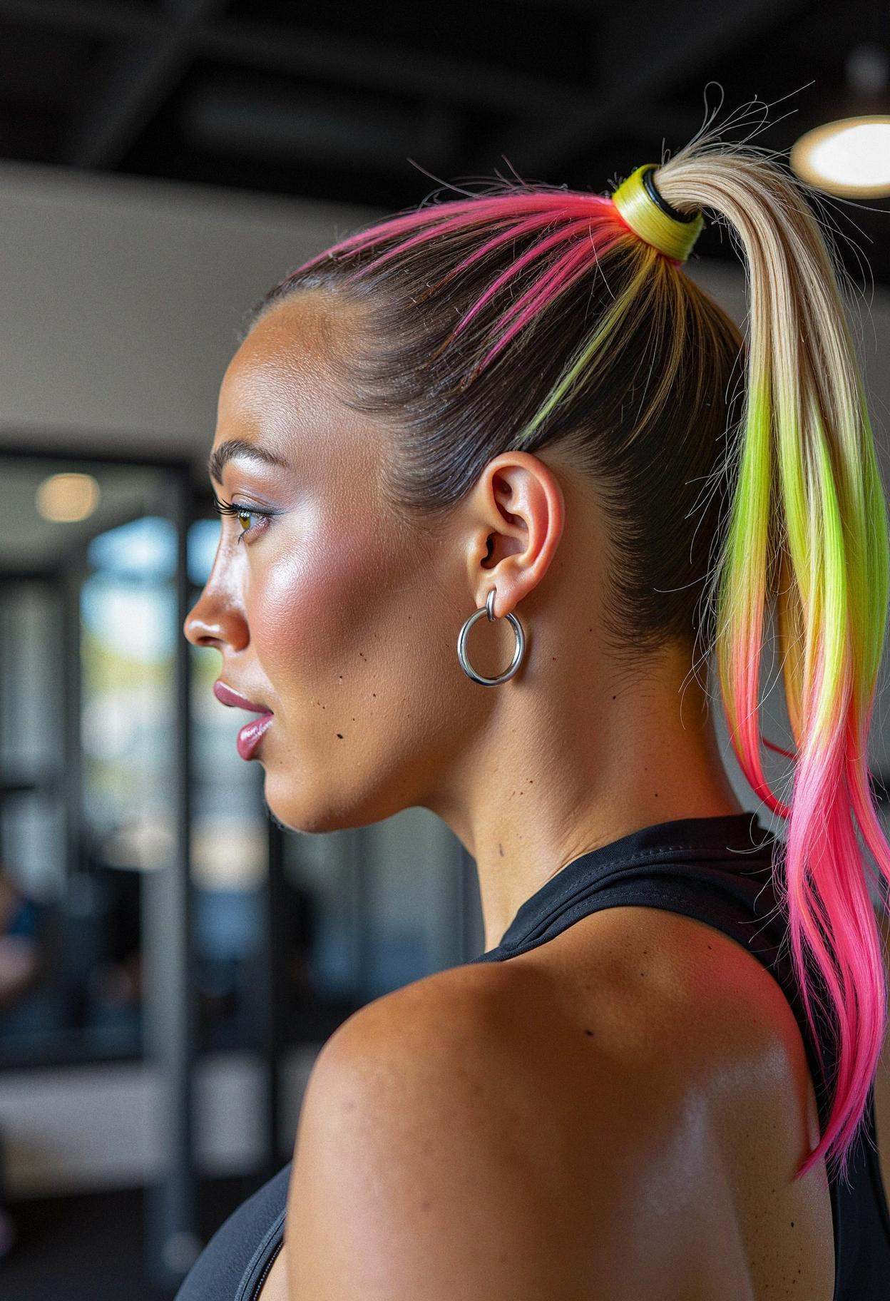 A woman leading a high-intensity fitness class,  radiating energy. Her hair is pulled into a high,  sleek ponytail with co...