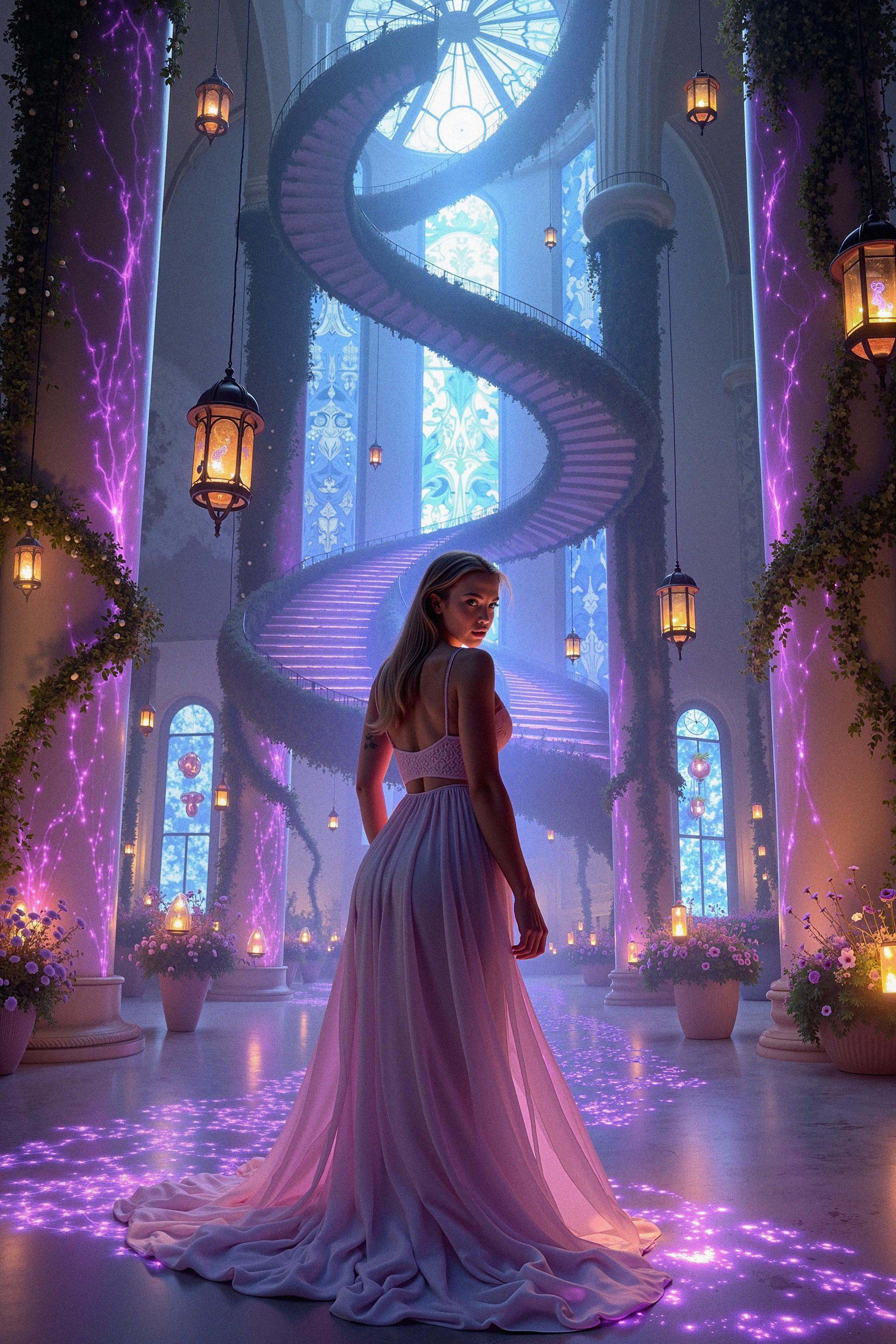A woman stands in the grand hall of an enchanted castle,  her face fully visible and illuminated by the soft glow of float...