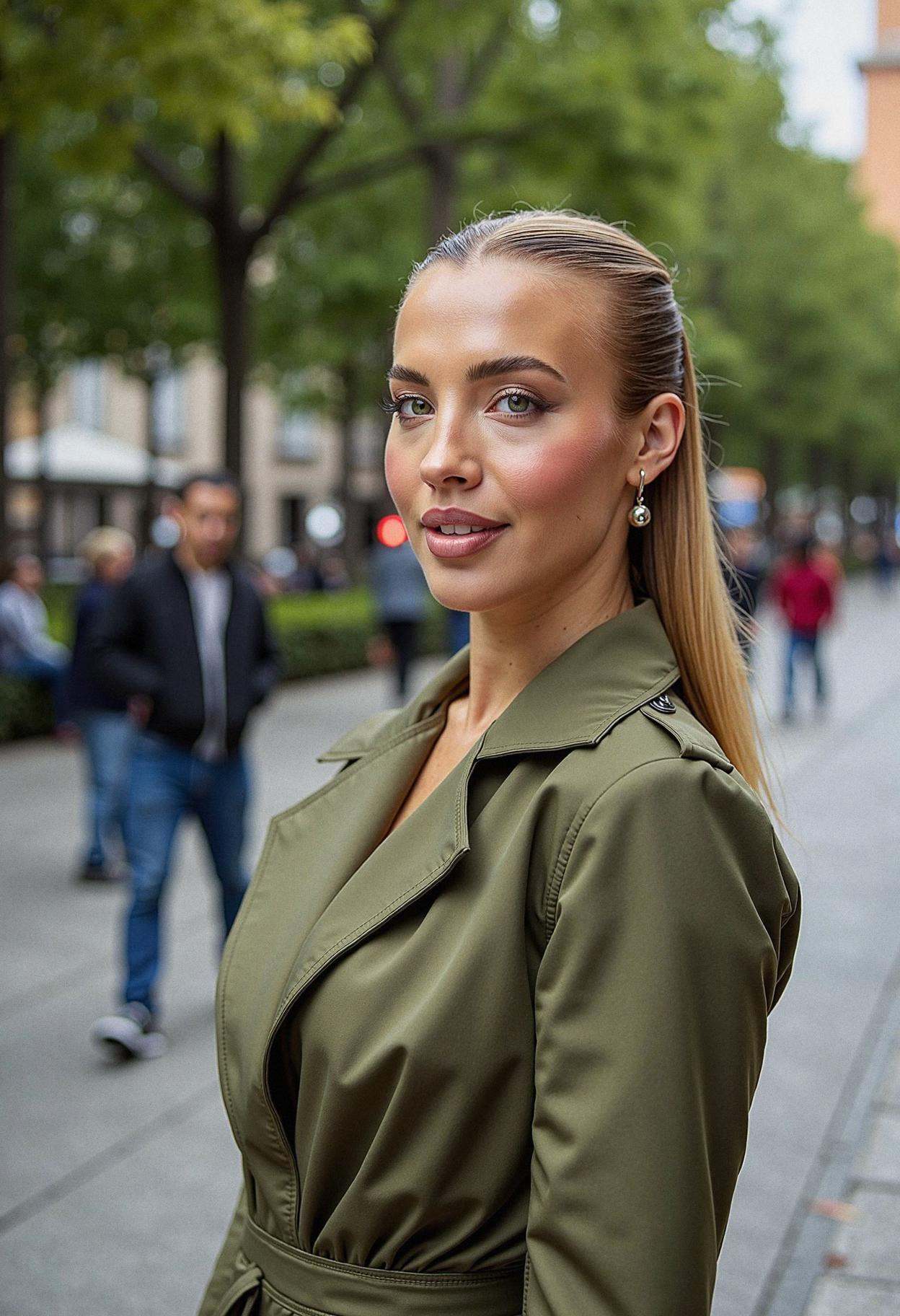 A professional headshot of a woman standing in a bustling urban park,  looking confidently at the camera. She’s wearing a...
