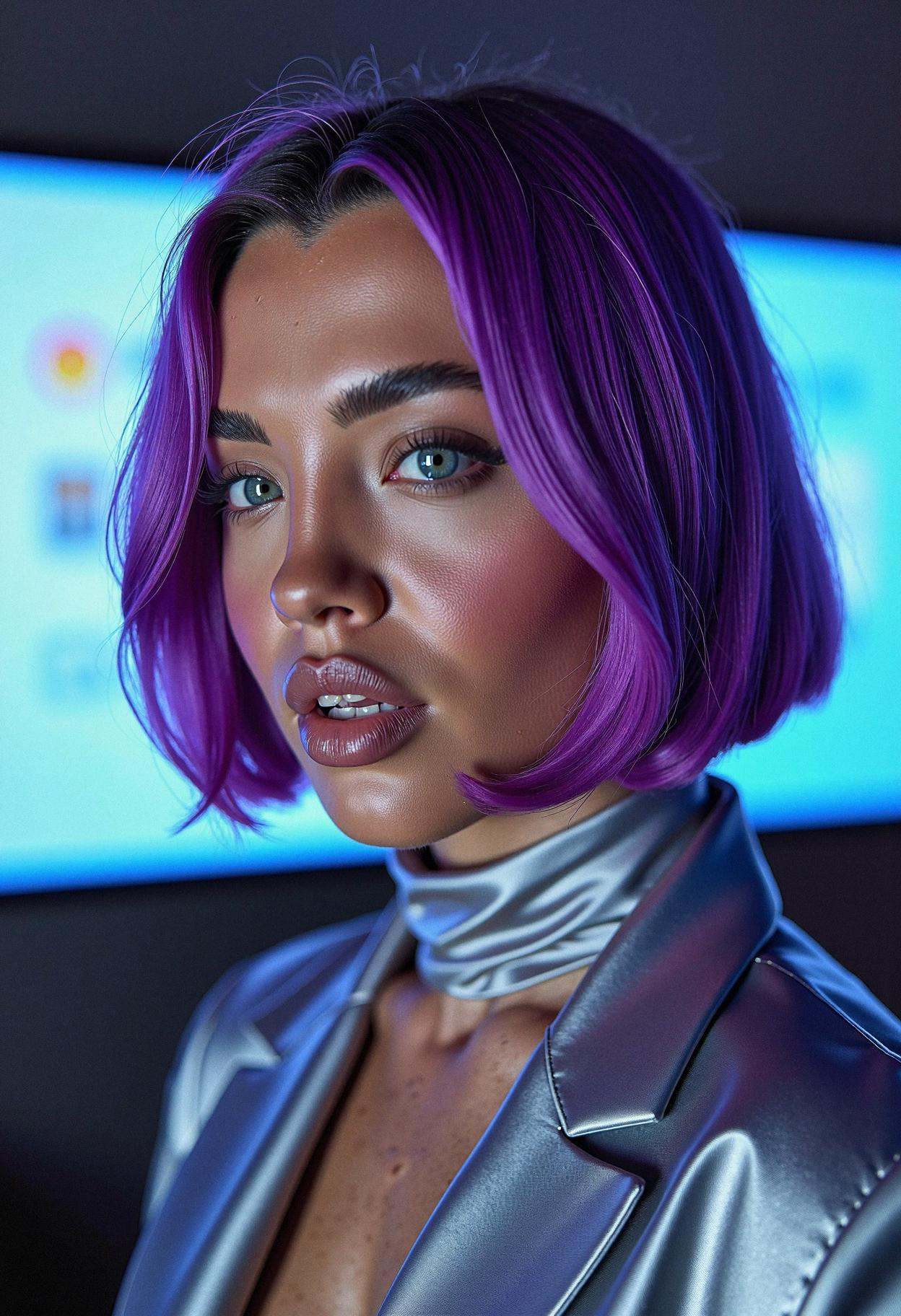 A woman at a tech startup launch event,  projecting futuristic style. Her asymmetrical bob is dyed in a striking electric...