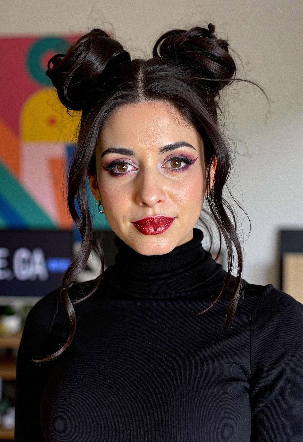 A professional headshot of a woman with high pigtails,  wearing false lashes,  matte foundation on Tensor.Art