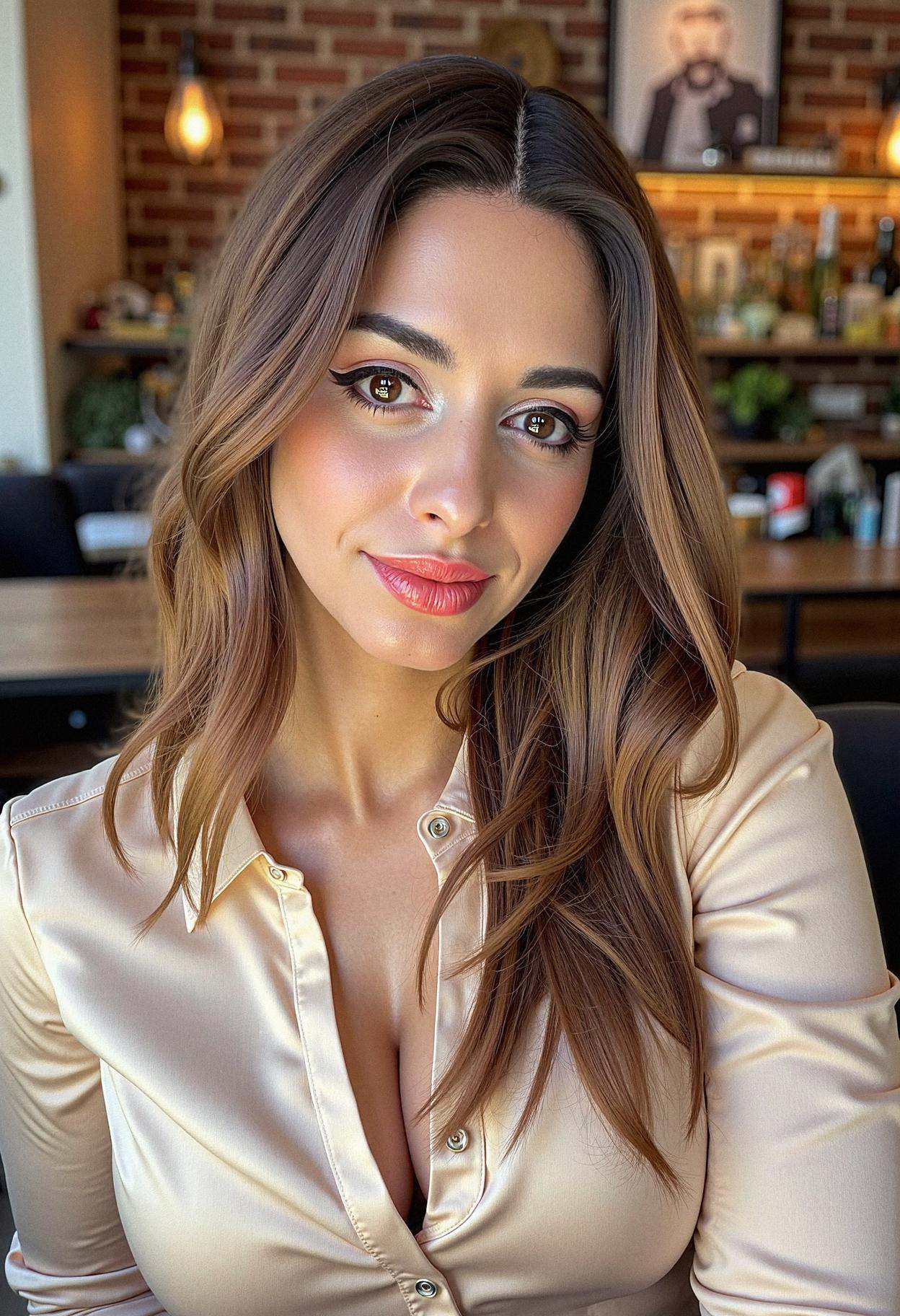 A professional headshot of a woman with wavy hair,  wearing modern makeup including winged eyeliner,  false lashes on Tens...