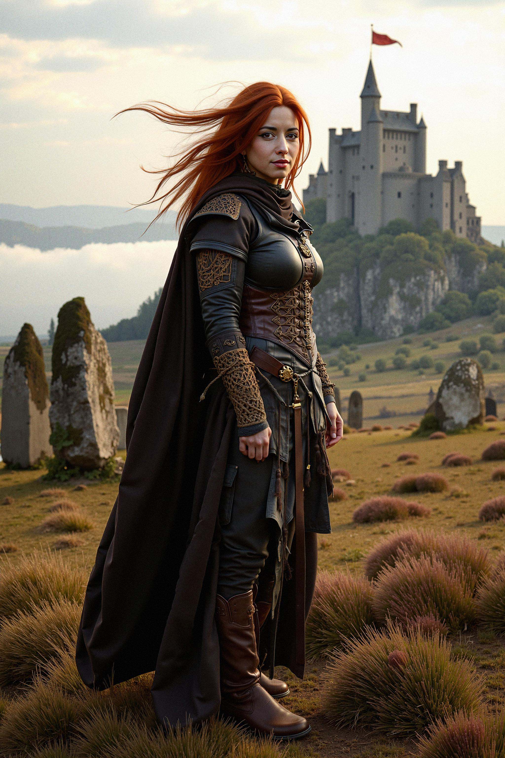 A woman warrior stands atop a windswept hill,  her long cloak billowing in the breeze. She wears intricately crafted leath...